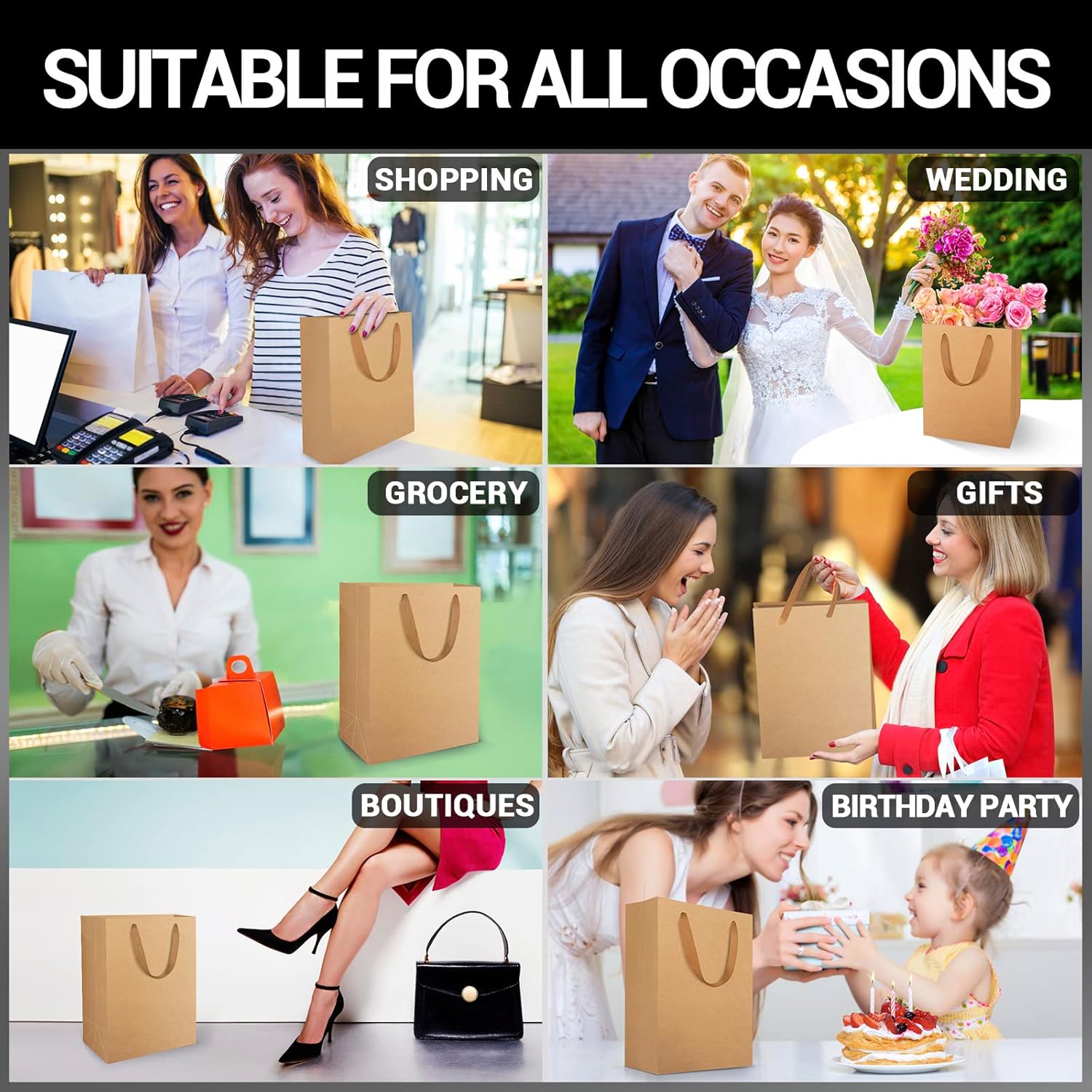 EUSOAR Shopping & Merchandise Bags, Medium Size 25pcs 7.8x3.9x11 inch Brown Kraft Paper Recyclable Gift Bags with Handle Bulk, for Party Favor Craft Retail Business Grocery Boutique Birthday Wedding - Image 5