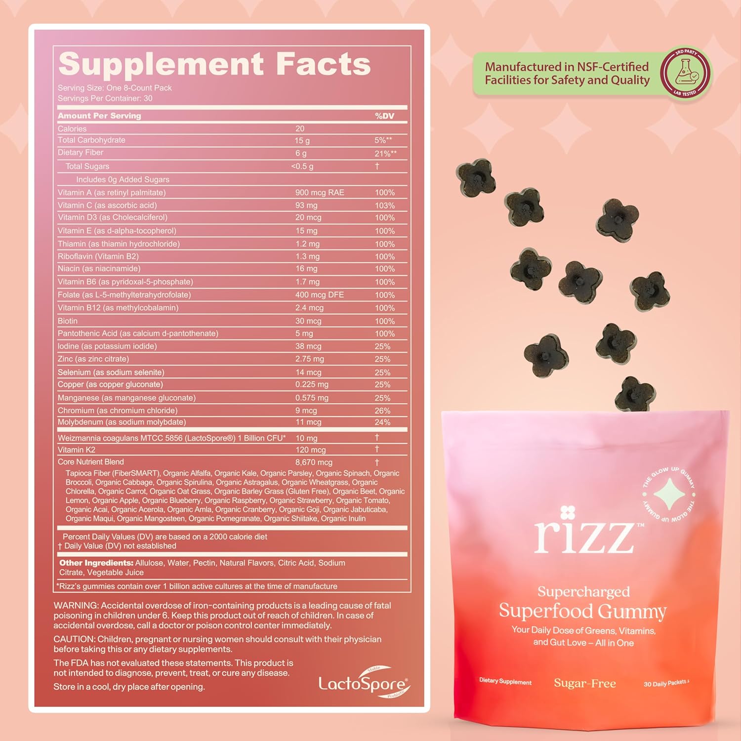 Rizz Sugar-Free Green Gummies - 60+ Superfoods 6g Fiber - Prebiotic and Probiotic Gummies - Vegan Multivitamins for Women & Men - Gluten Free - Mushroom, Fruit and Vegetable Supplements -30 Day Supply - Image 6