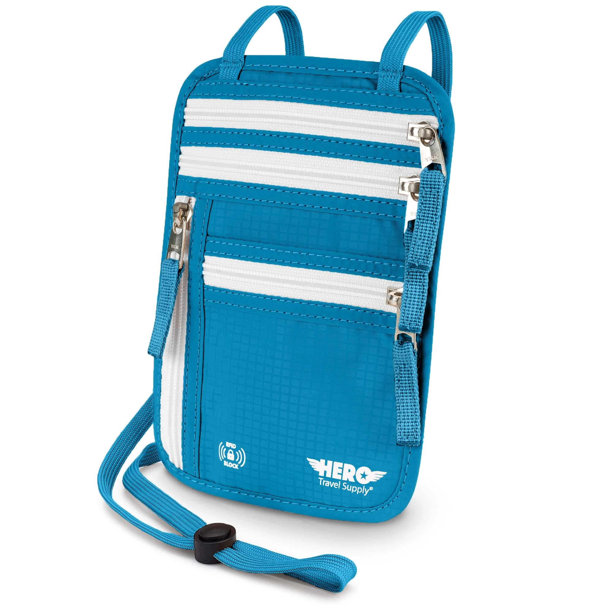 Hero Travel Supply Neck Wallet – RFID Blocking Passport Holder – Easy to Conceal Travel Pouch, Aqua