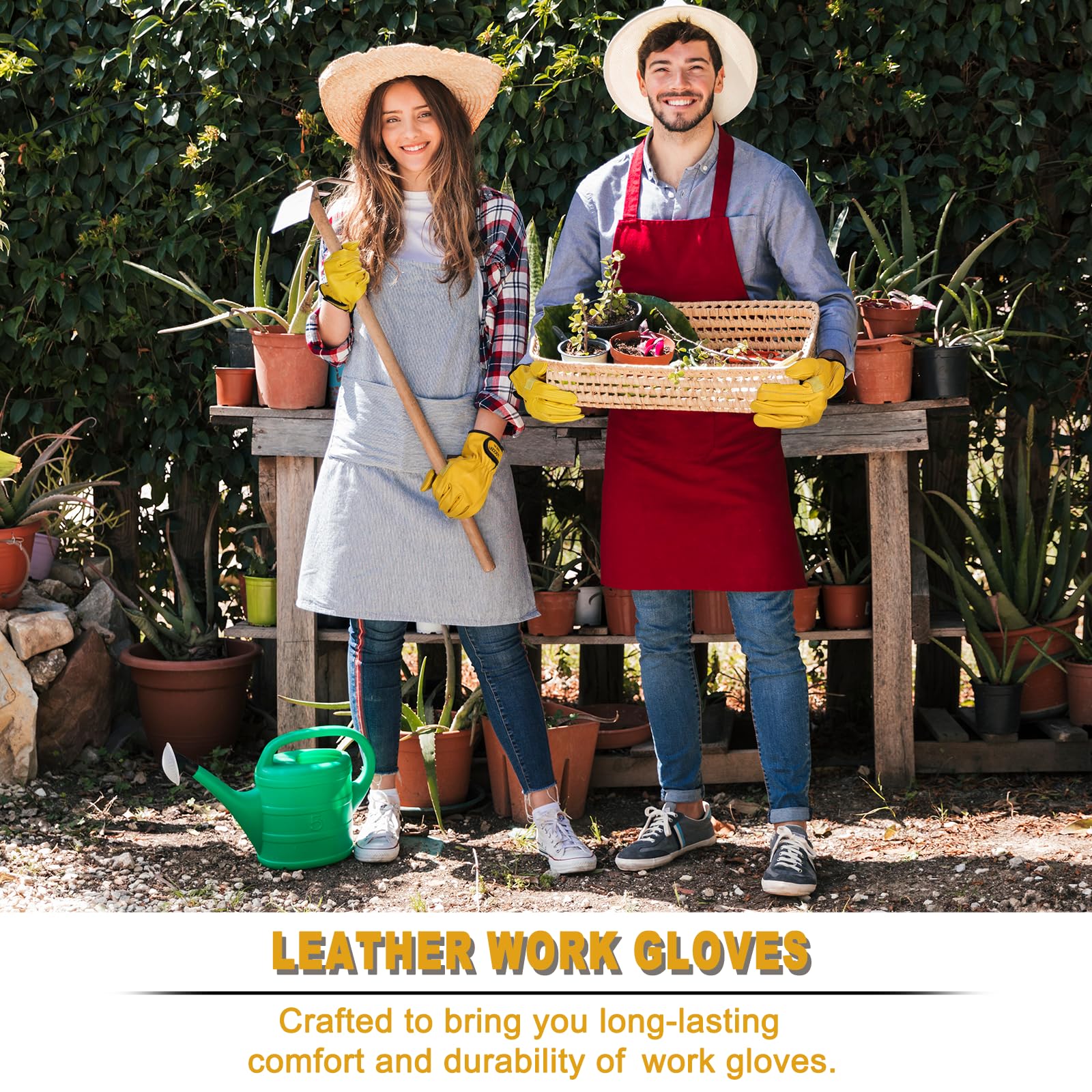 LOCCEF 2 pares de guantes de trabajo de cuero para hombres y mujeres, guantes de cuero vacuno, guantes de trabajo utilitarios (amarillo, 11/XXL)