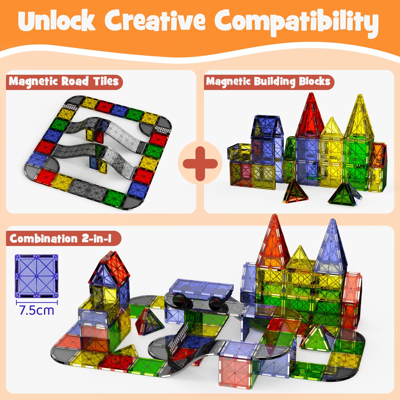 Construction Magnetique Routes Enfant, 40 Pièces Ville Tuiles Magnétiques avec Magnet Voiture, Jeux Blocs de Construction Aimant Jouets Educatif Cadeau pour Fille Garçon 3 4 5 6 7 8 Ans