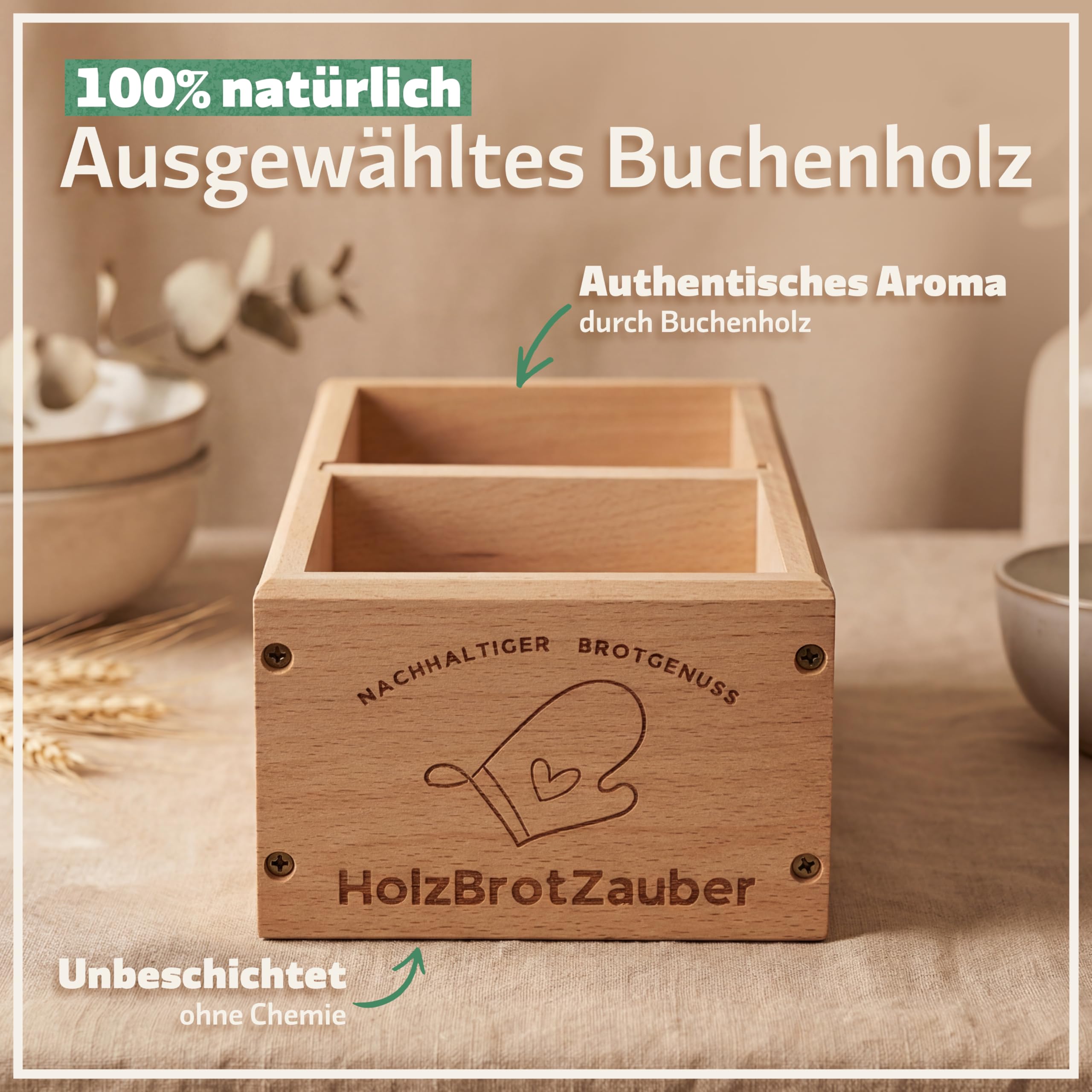 BAMBUNA Holzbackform HolzBrotZauber | Brotbackform aus Buchenholz | naturbelassen | Trennsteg | 1500g Volumen | 30x15x10cm | ofenfest bis 220°C | handwaschbar | inkl. Rezept E-Book | Geschenkbox