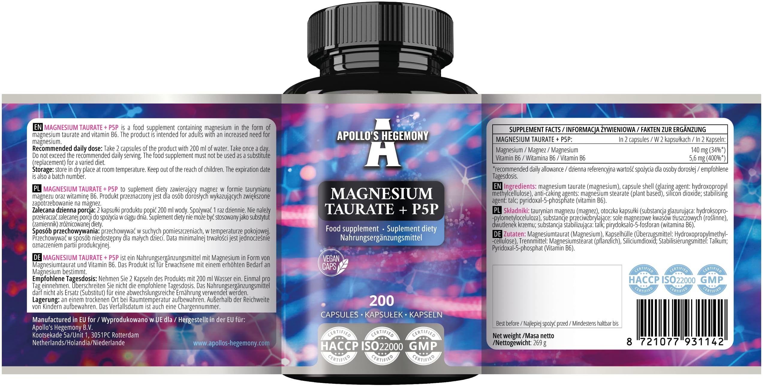 Magnesium Taurate + P-5-P 140 mg par portion - 200 gélules végétaliennes - 100 jours d'approvisionnement - soutient la fonction musculaire et nerveuse - supplément d'Apollo's Hegemony
