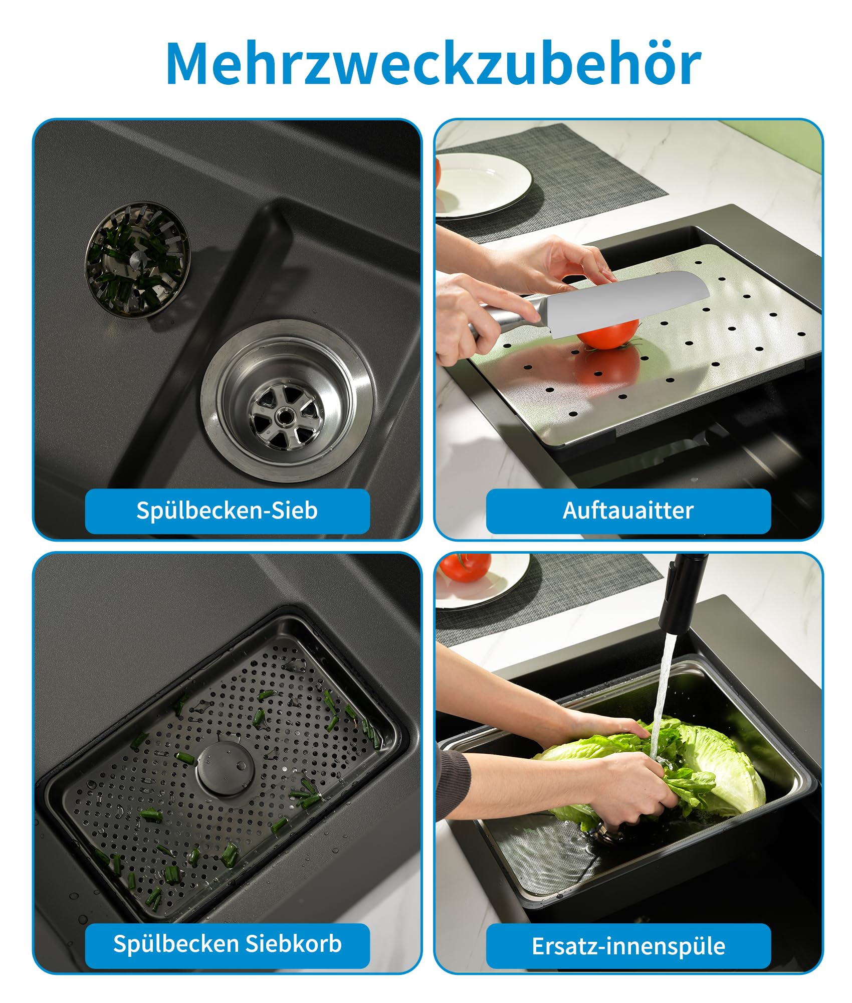 Fregadero Cocina Negro Acero Inoxidable 70×45cm,Fregadero Cocina 1 Seno,2 Orificios para Grifo,Kit Completo con Canasta,Bandeja de descongelación,Cestade Desagüe,Sifón
