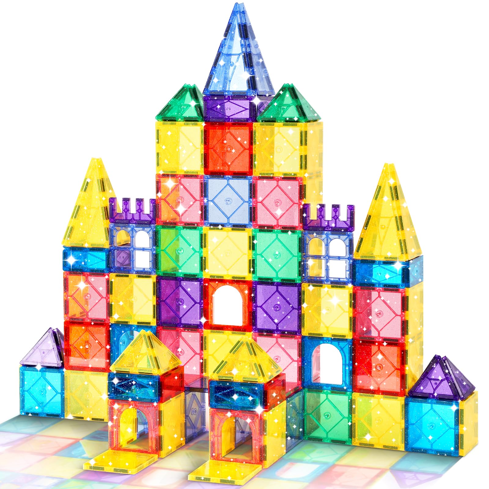 Magnetic Tiles Building Blocks, 100 Pieces Glitter Magnetic Tile STEM Educational Kids Toys for Ages 3 4 5 6 7 8 Year Old Prechool Learning Magnet Blocks Set Construction Toy Gift for Boys and Girls