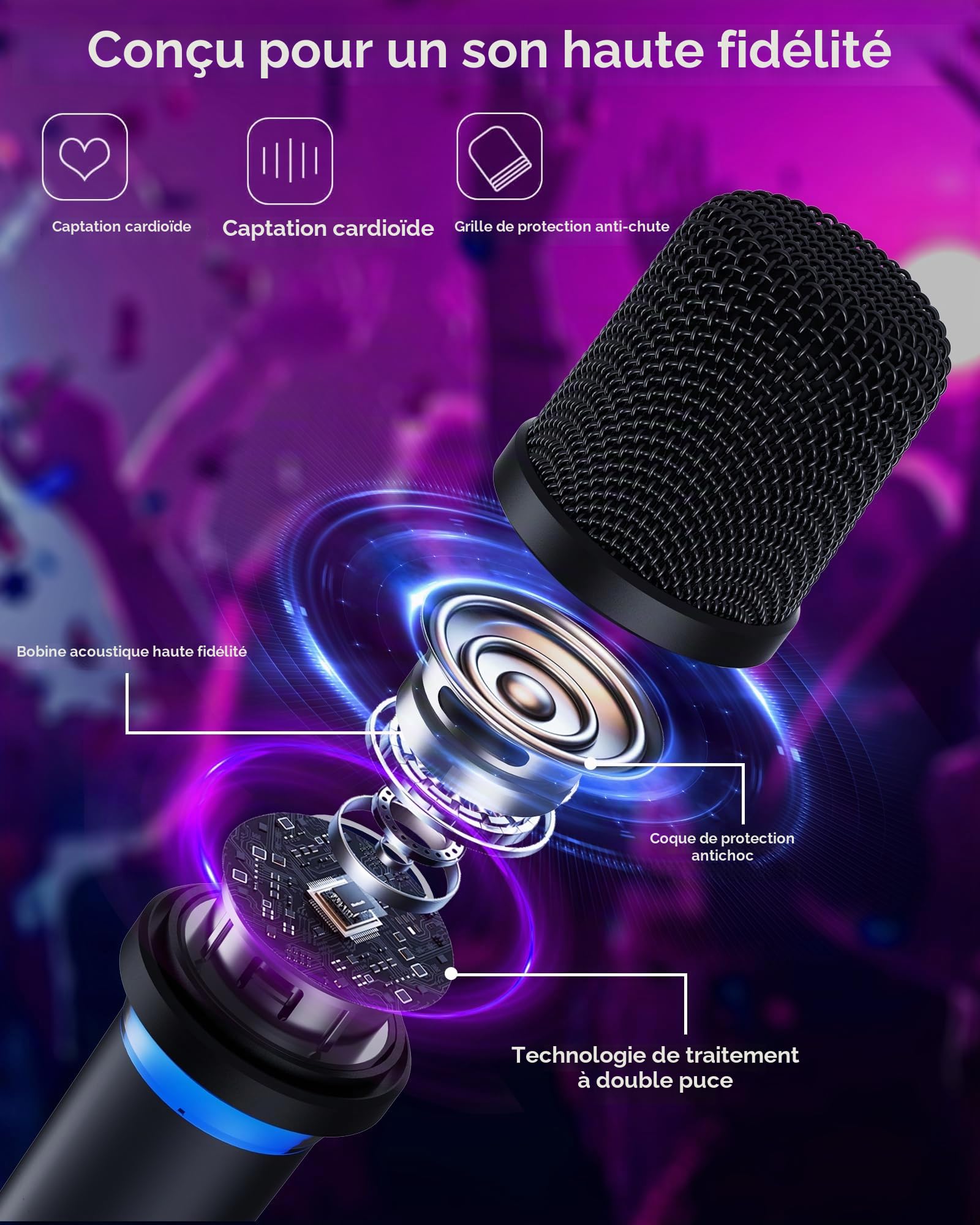 Microphone sans fil, système à double microphone avec fonction de, mise en sourdine par simple pression, éclairage RVB dynamique. 40h d'autonomie, portée de 200FT. pour les DJ, les mariages le chant .