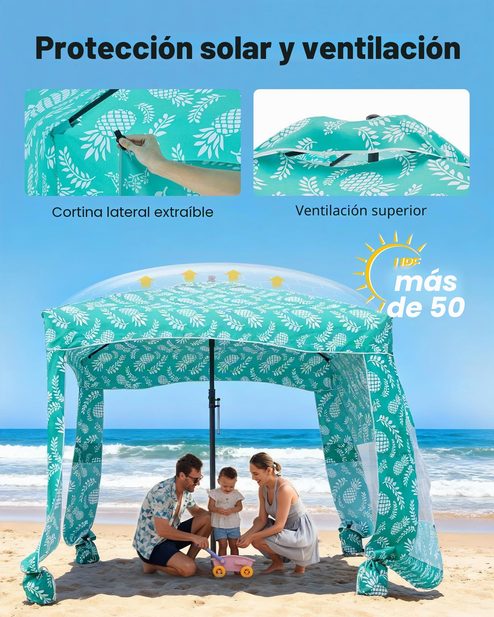 VEVOR Cabaña de Playa con Toldo Lateral, Ligero y Portátil, Protección Solar UPF 50+, Sacos de Arena y Sombrilla Portátil para Toda la Familia y Amigos, Rayas Verde Claro, 1830 x 1830 x 2290 mm