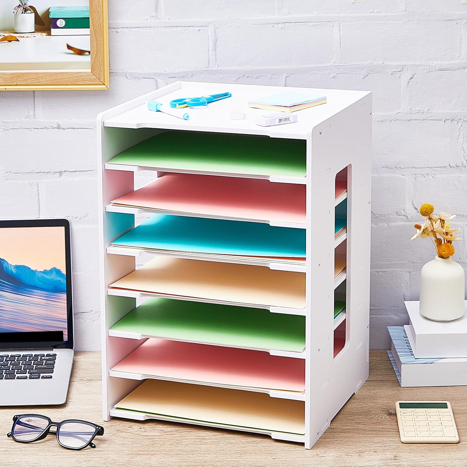 Juexica Scrapbook Paper Organizer 8 Tier File Holder for Desk 12 x 12 Stackable Paper Trays Desktop File Organizer for Home Office School Decorations, White