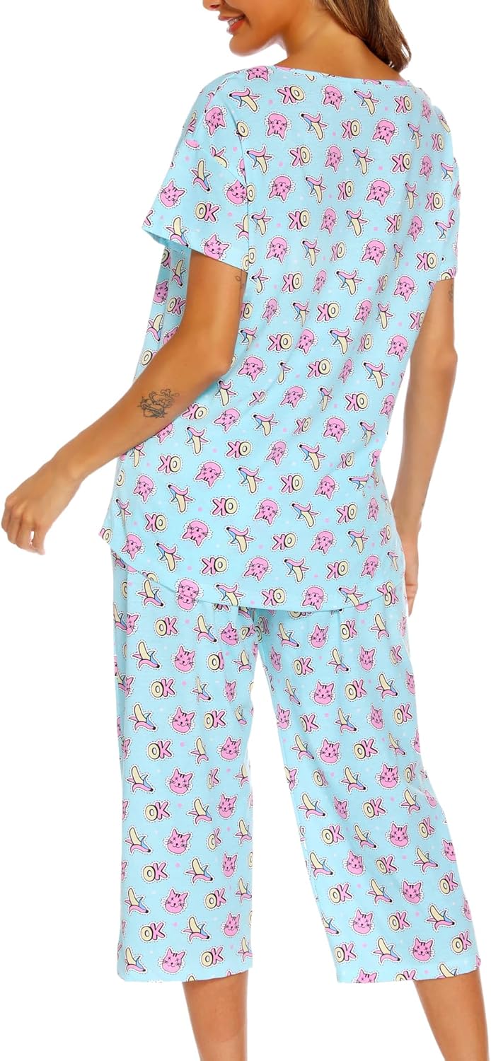 ENJOYNIGHT Women's Sleepwear Tops with Capri Pants Pajama Sets 3X-Large Green Kitty