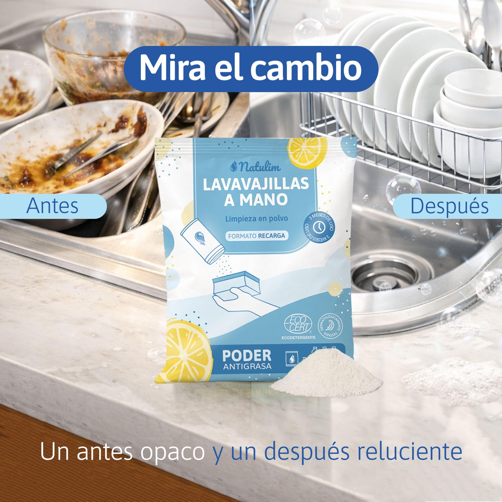Natulim Pack Lavavajillas a mano - Eficaz en la Eliminación de Grasa y Restos de Comida - Contiene dispensador reutilizable, 2 esponjas y sobre de lavavajilla en polvo 250 Gr. (1 Pack)