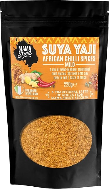 MamaShee Suya Yaji Mixed Spice - West African Chilli Spice Mix with Chilli Peppers, Ginger & Peanuts - Seasoning for Kebab, Fish & Rice - Mild Heat - 100% Natural Ingredients, No MSG - 220g Pouch