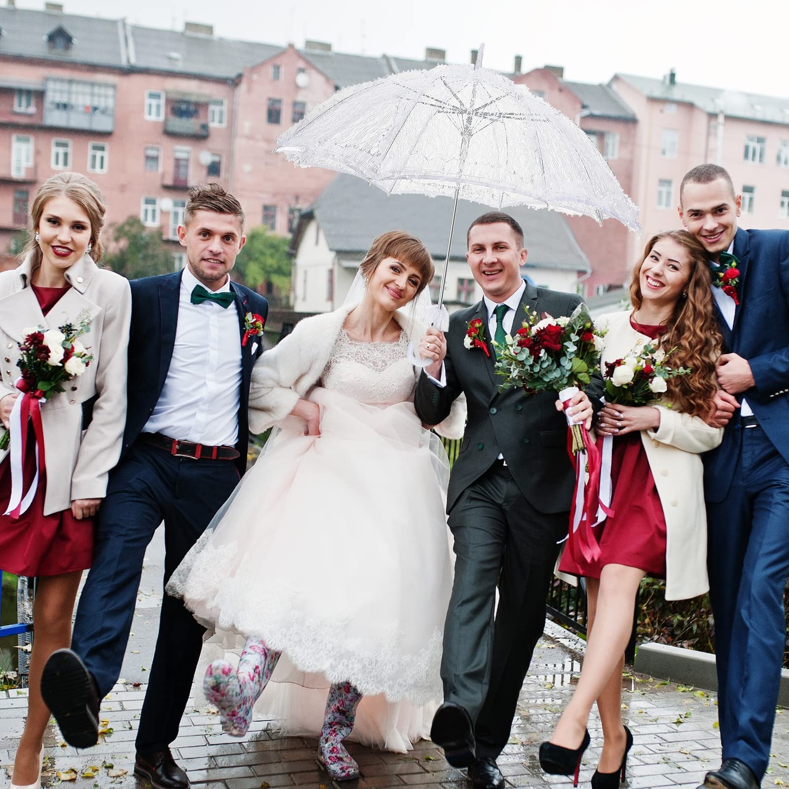 Amylove 12 Stück weiße Spitze Sonnenschirm Regenschirm Bulk Hochzeit Regenschirm für Brautjungfern und Braut Blume Foto Requisite Vintage Dekoration Damenkostüm 1920er Jahre Party und Teeparty