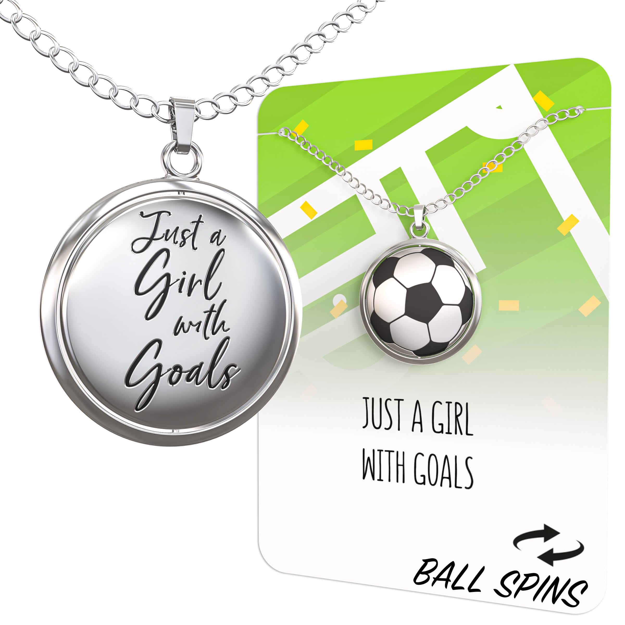 Happy Kisses Soccer Ball Spinner Necklace for Soccer-Loving Girls | “Just A Girl With Goals” Pendant | Gift for Soccer Moms and Players