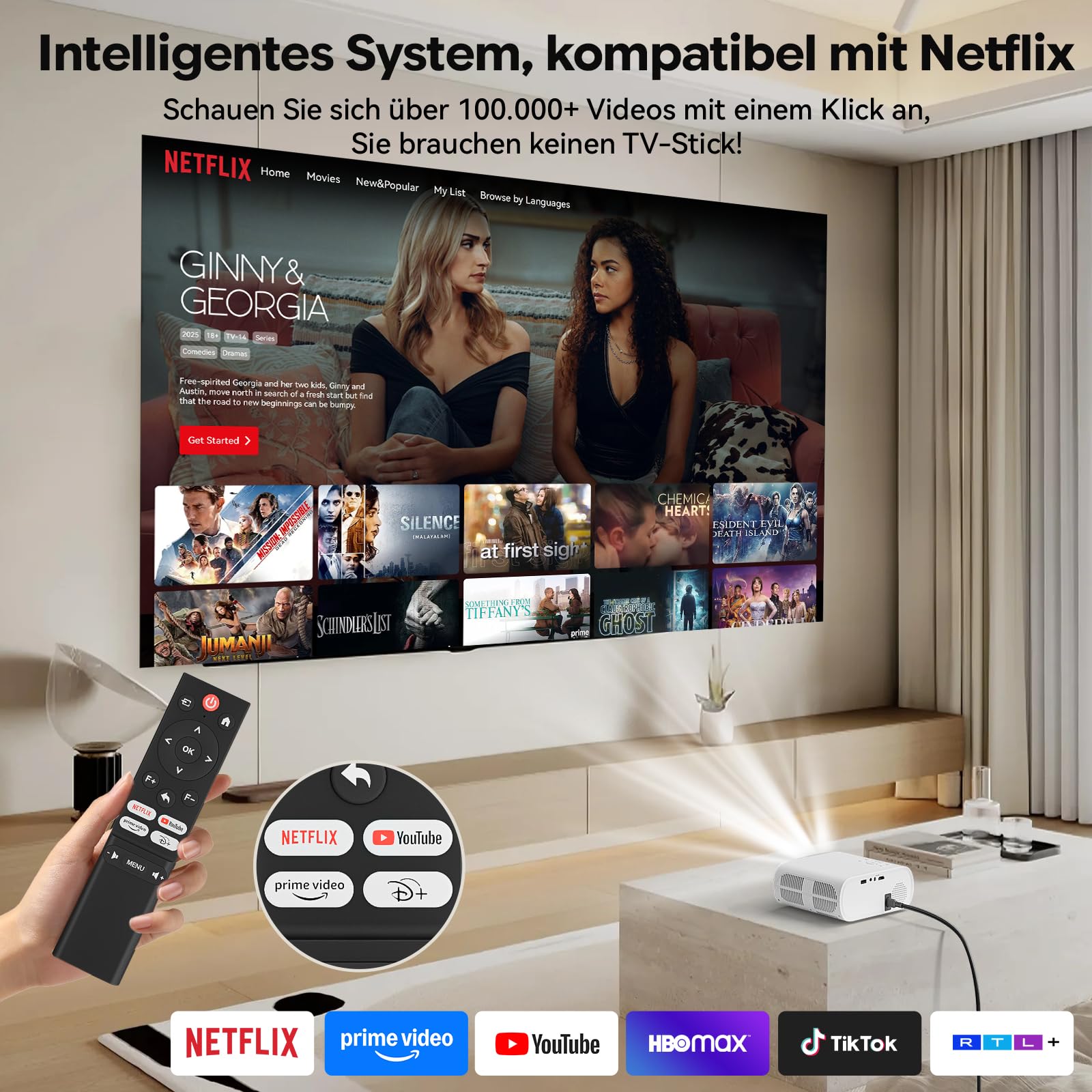 Mini Beamer 4K [Kompatibel mit Netflix & Offizielle Apps] 20000 Lumen Kurzdistanz Beamer mit Elektrischer Fokus/Trapezkorrektur, Android 13, 1080P FHD WiFi6 Bluetooth Smart Projektor für Schlafzimmer
