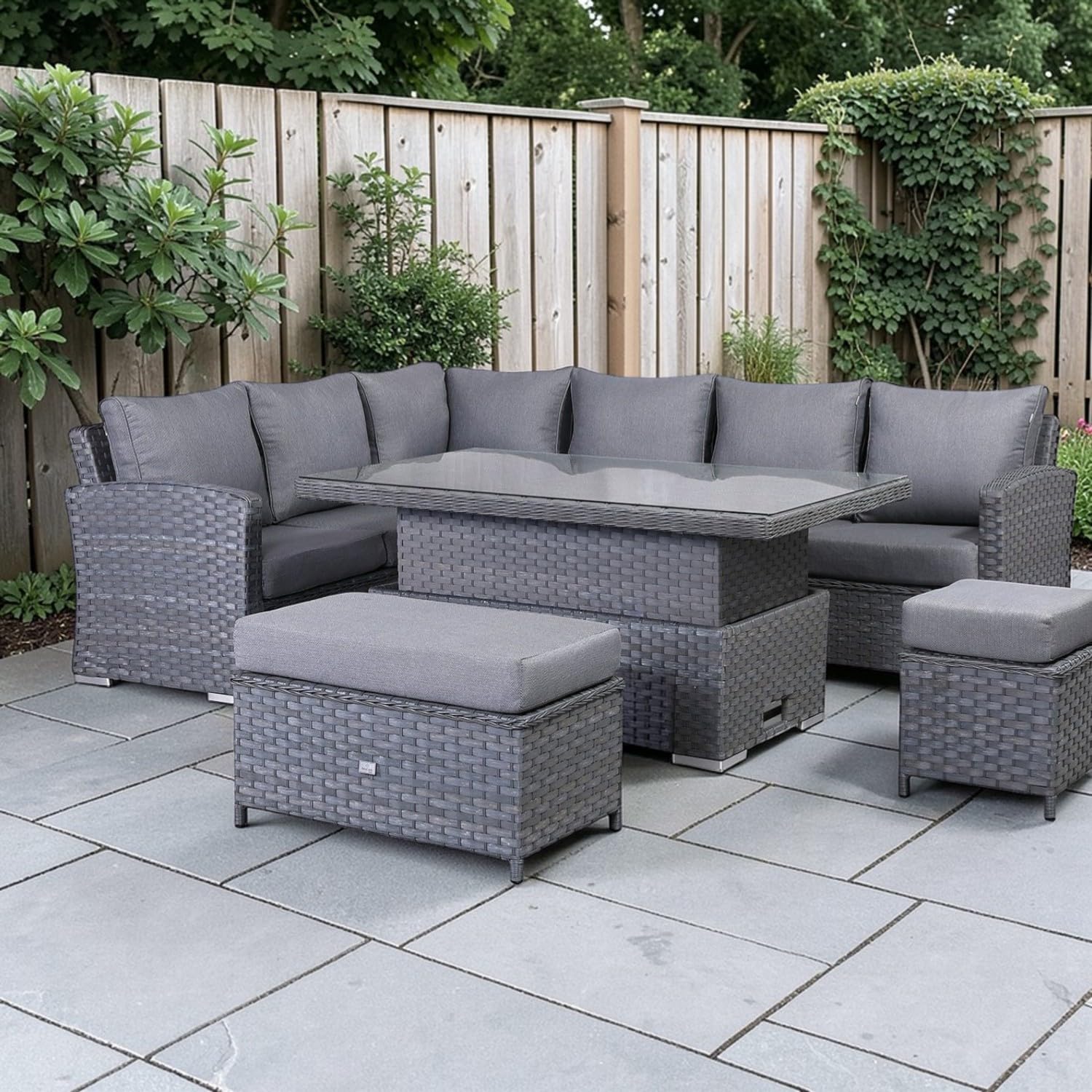 Rattan park Victoria Range High Back Modular 9 Seater Corner Safa with Rising Dining Table and 2 stools in Large Grey Weave