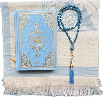 English Translate Thermo Leather Covered Quran, Tafta Prayer Mat and Beads Set |Quran Size8*5.5Inch/20*14cm | Muslim Prayer Mat | Great Ramadan Gifts for Muslim Men,WomenLight Blue,1Sets