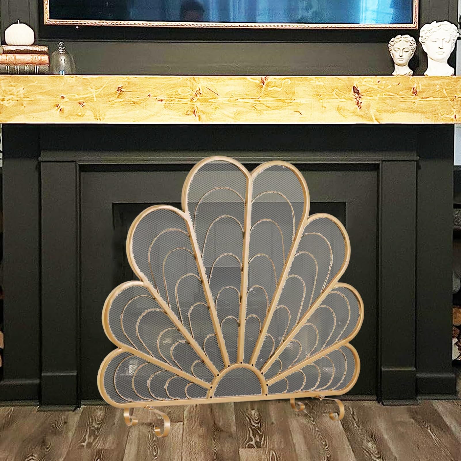 Pantalla para chimenea que evita chispas y cenizas en el suelo del salón
