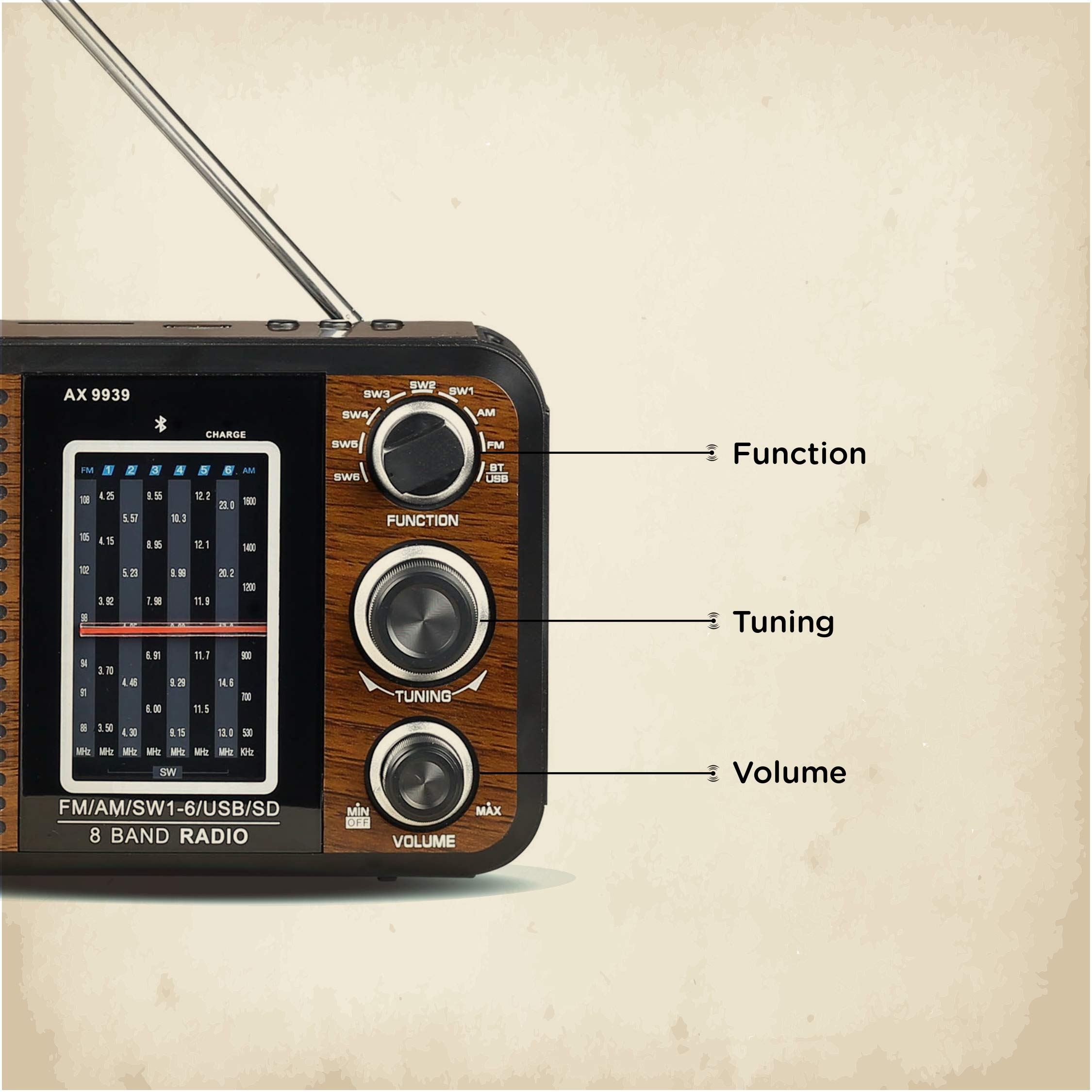 AUDIOEX Retro 8-Band Radio with USB/SD/AUX Line in/Bluetooth