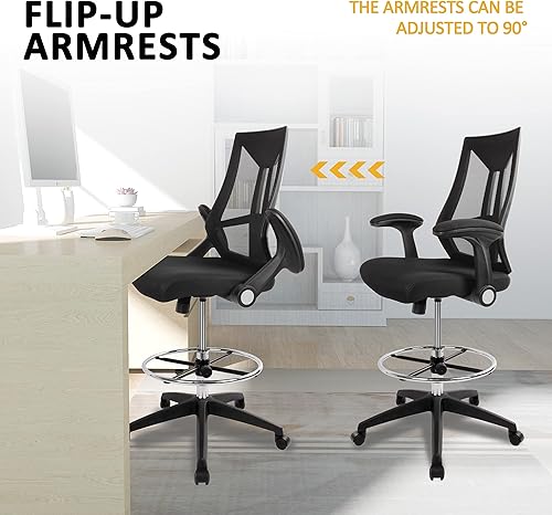 Miniatura 8 de Silla de dibujo, silla ergonómica de oficina alta con respaldo alto, silla de escritorio de pie, taburete de malla con anillo de pie ajustable y