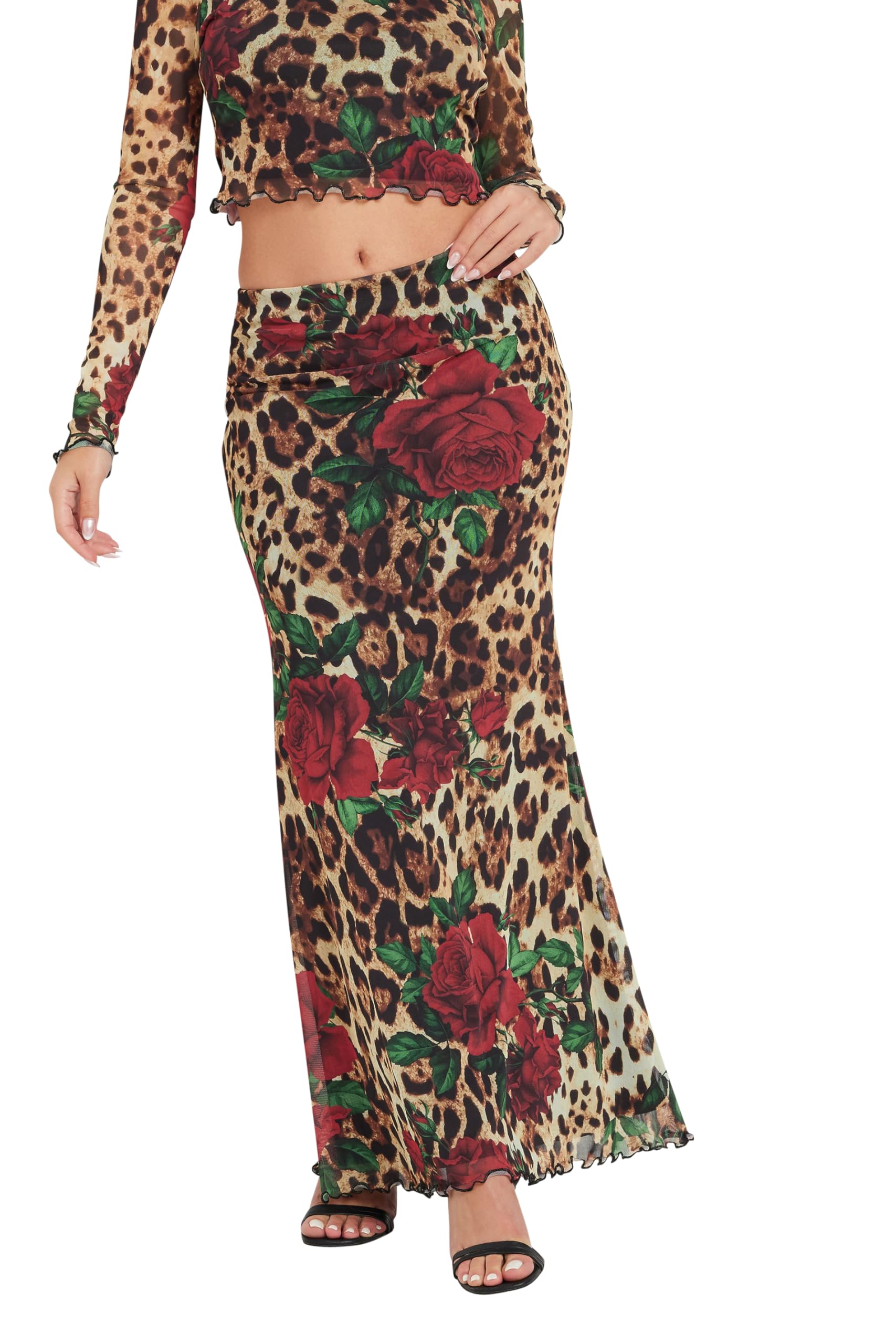 PixieGirl Petite Beige Brown Leopard Print Rose Mesh Skirt Petite