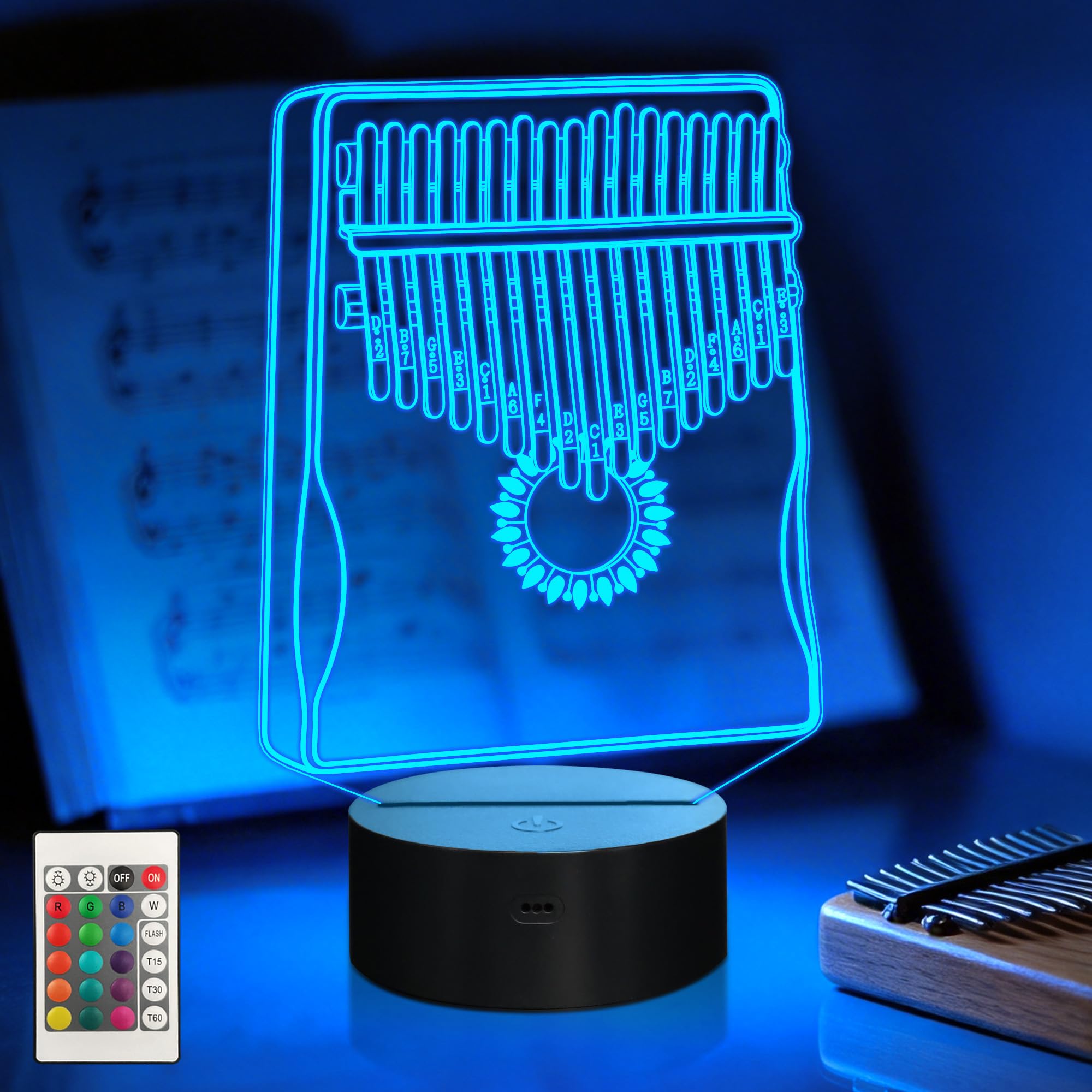 CoolGift Mart Kalimba Night Light, 3D LED Optical Illusion Lamp with 16 Colors and Remote Controller, Gifts for Kalimba Enthusiasts Music Lovers