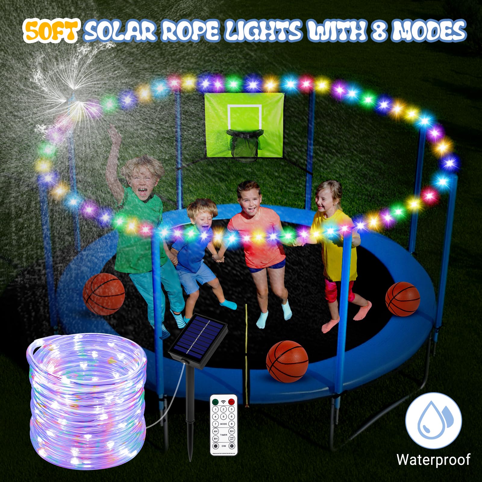 Kit di accessori per trampolino per bambini, irrigatore/canestro da pallacanestro/luci solari da 50 m, adatto per trampolino da 8 10 12 14 15 16 FT all'aperto con 3 mini palloni da basket, non