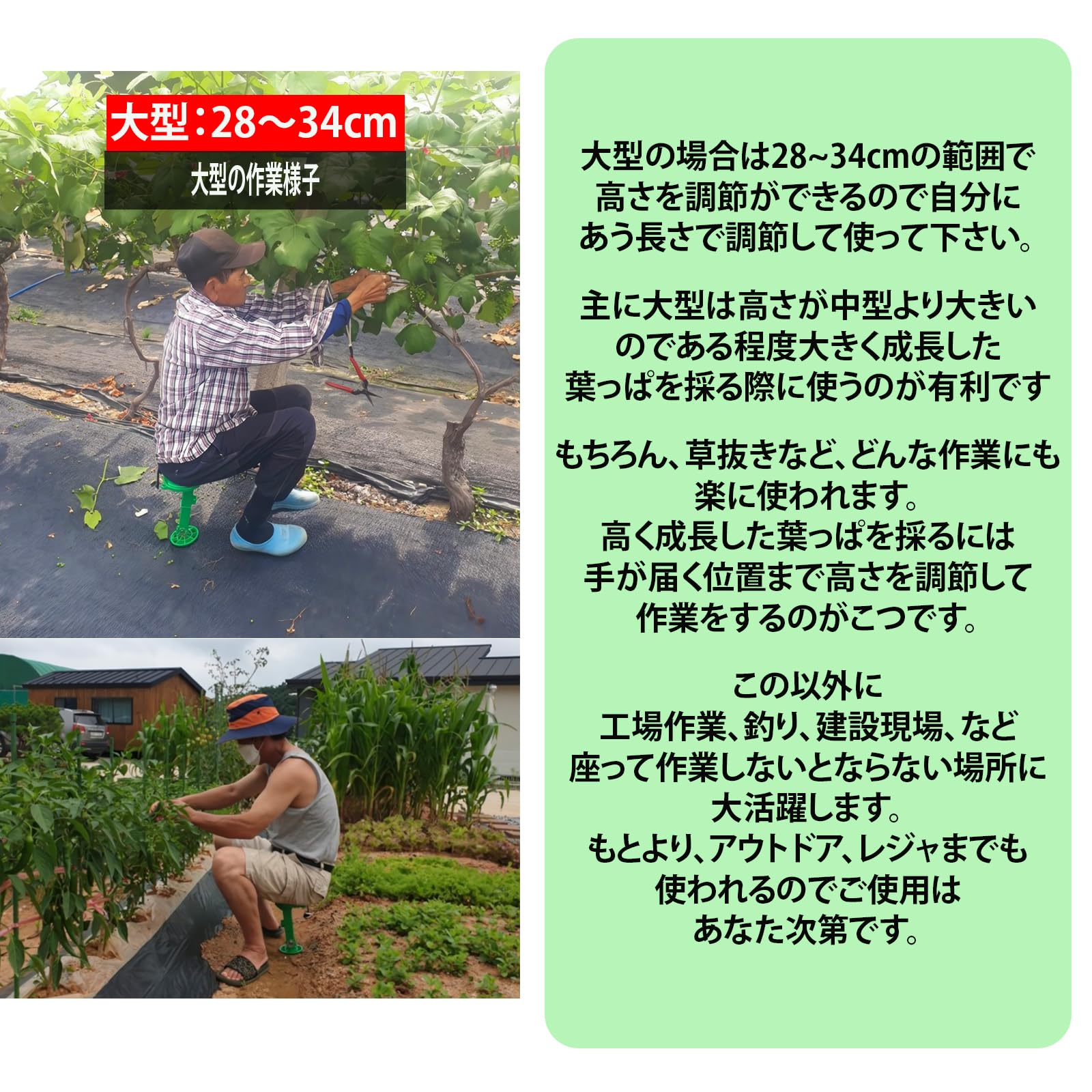 Amazon.co.jp: 「KOJES 農作業椅子 大型 28-34cm｜安定感 高さ調整 360