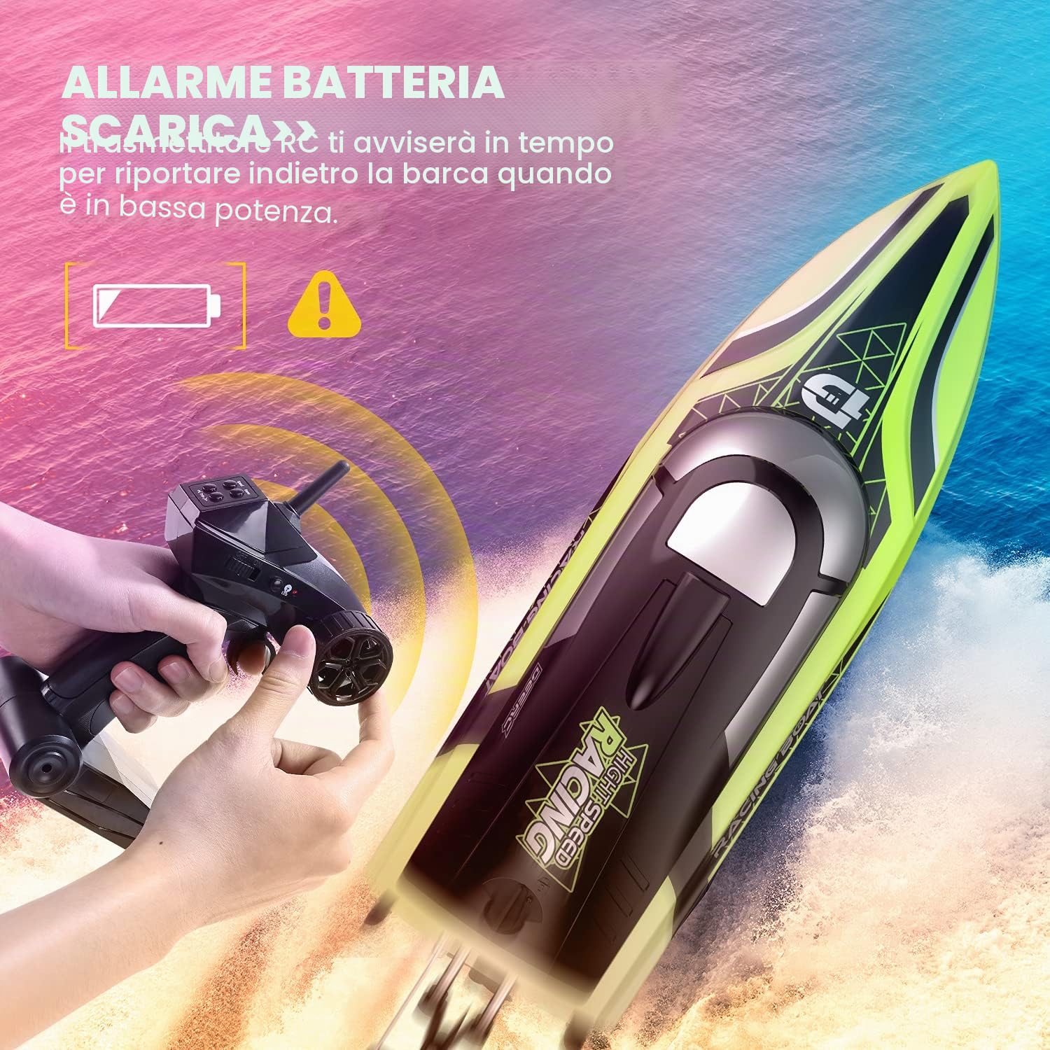 DEERC Barca RC con Luce LED, 30+ Minuti, Barca Telecomandata Auto-Raddrizzante per Piscine e Laghi, 20+ MPH, Barche da Corsa 2,4GHz, 2 Batterie, Giocattoli per Piscina per Bambini, Imbarcazione