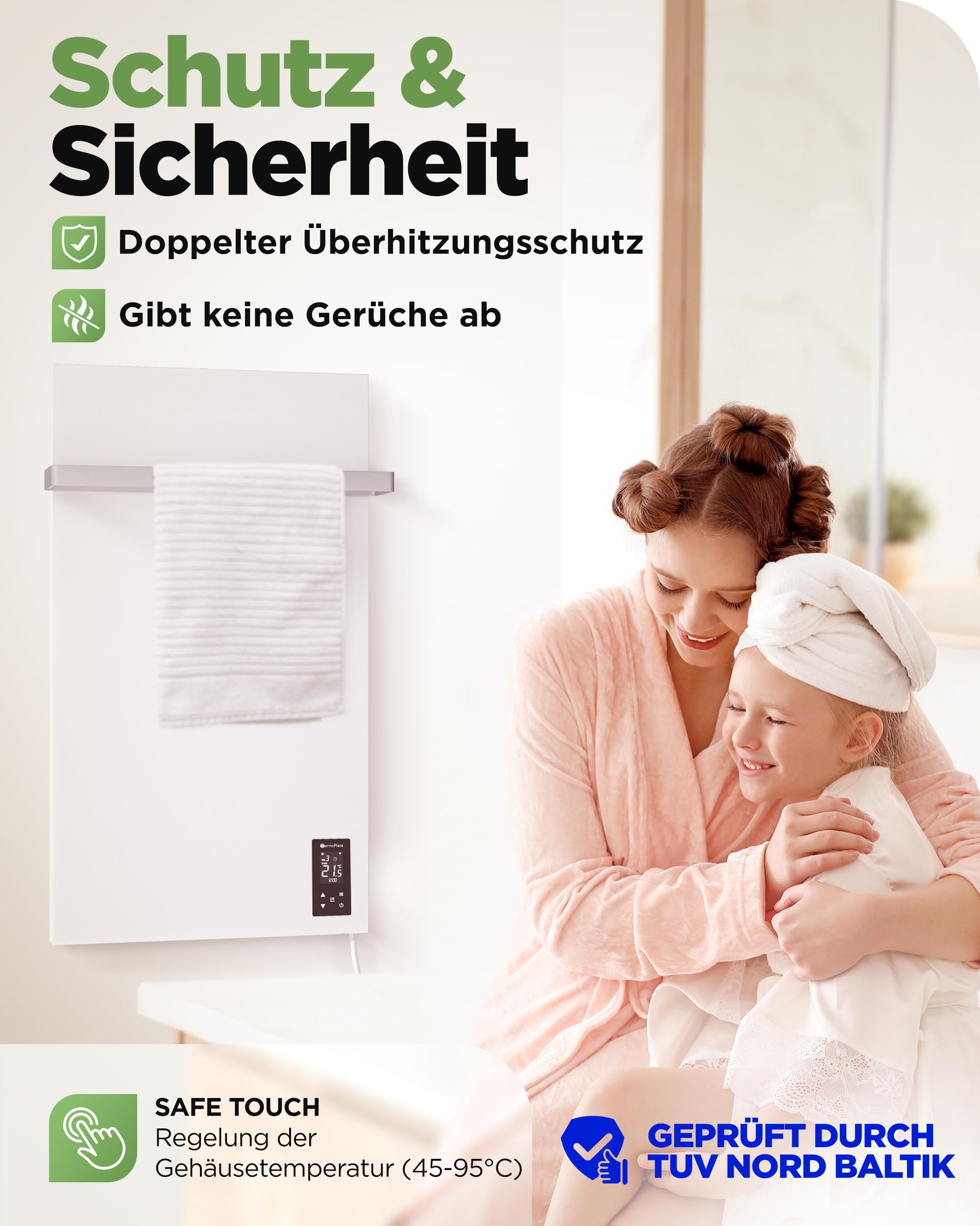TermoPlaza WLAN Infrarot Heizstrahler 270 W bis 7 m² | Intelligente Infrarot Wandheizung Elektrisch | Badheizkörper mit Handtuchhalter & Thermostat | Energiesparende Elektroheizung für Badezimmer