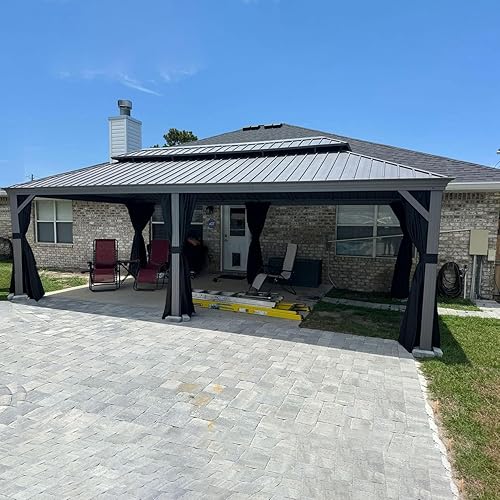PURPLE LEAF 12' x 24' Outdoor Hardtop Gazebo with Netting and Curtains Galvanized Steel Double Roof and Aluminum Frames Permanent Wind Resistance Pavilion Gazebo for Patio Deck Garden, Light Grey