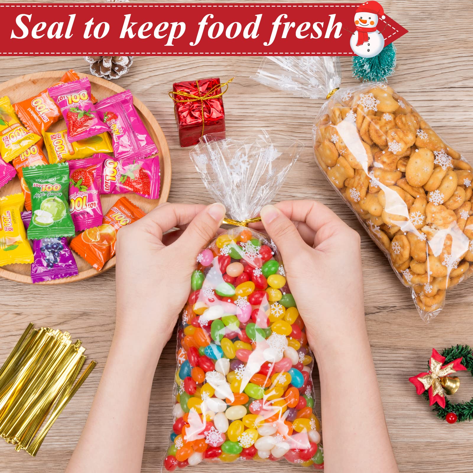 MELLIEX 100pcs Navidad Bolsas De Celofan, Bolsas De Copo De Nieve Para Chuches Galletas Bolsa De Dulces Navideños Con 100 Lazos Retorcidos(27x13cm Y 20x10cm