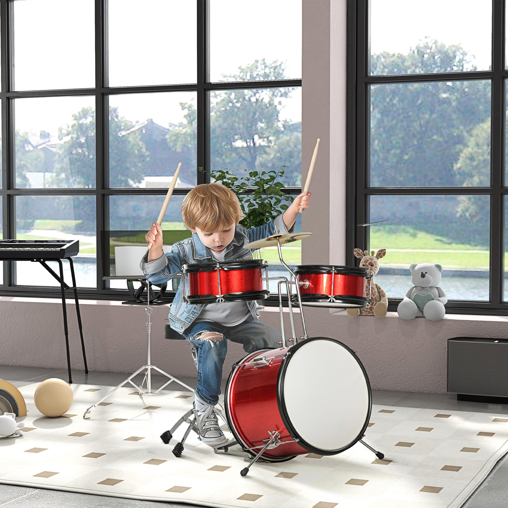 AIYAPLAY Batería Infantil Taburete Ajustable +3 Años 80x60x48-65 cm Rojo | Batería para Niños, Tambores, Bombo, Platillo, Pedal, Baquetas
