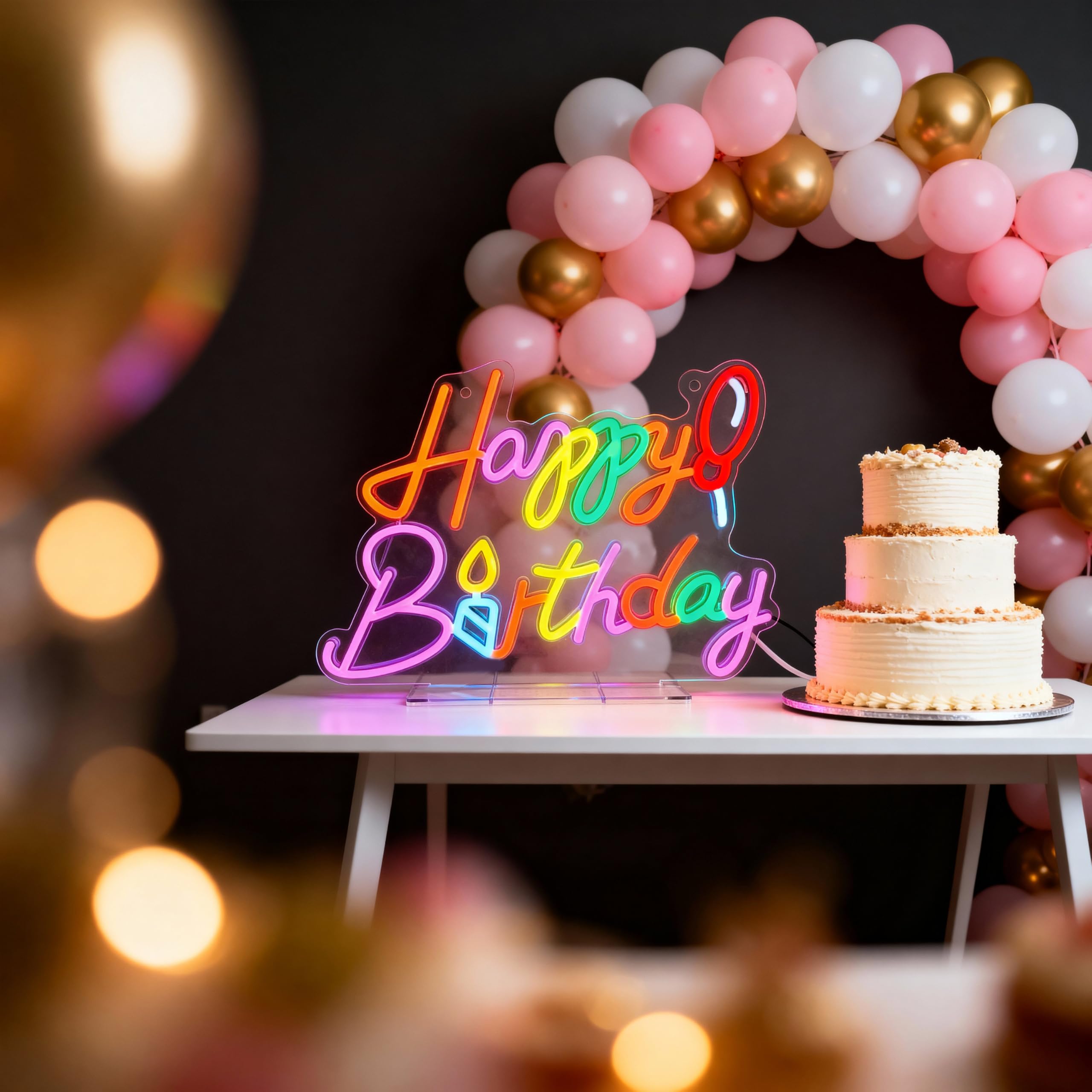 'Happy Birthday' neonowy znak LED z balonem i świecą, wielokolorowy, dekoracja na imprezę, do fotobudki i wydarzeń, zasilany przez USB, znak na prezent urodzinowy, 40 x 20 cm