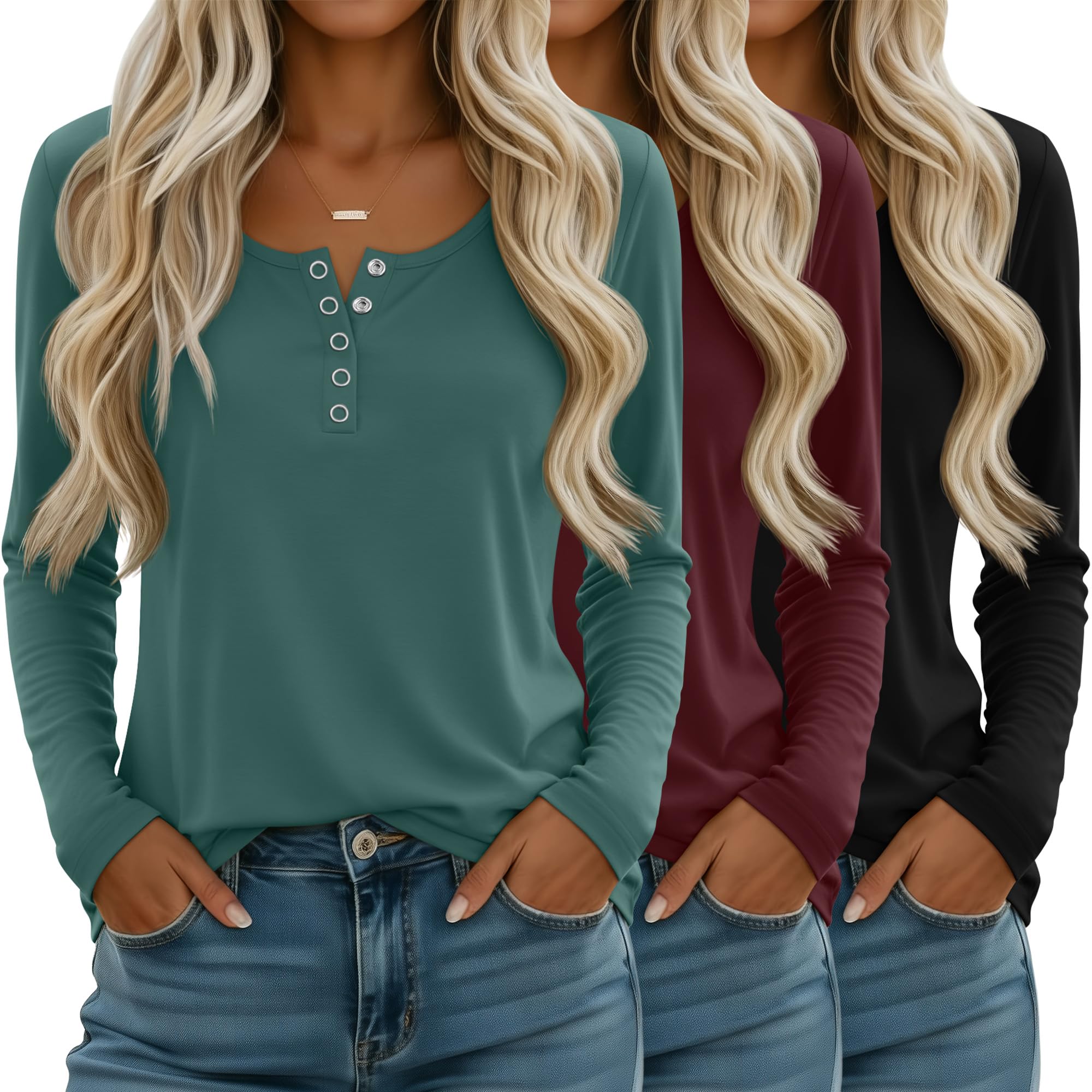 Oakgarden 3 Pack Women's Henley Button Shirts