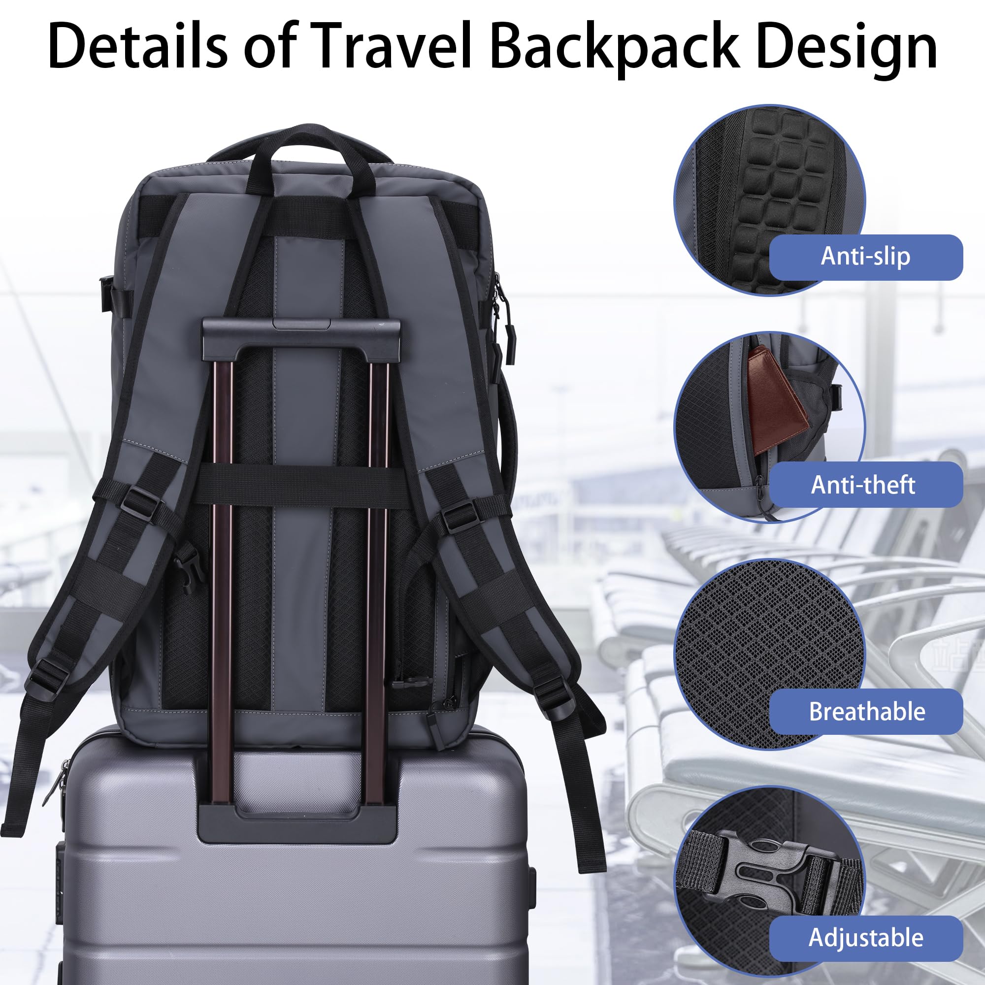 HOMIEE Sac à Dos de Voyage 40L, Sac à Dos Résistant à L'Eau pour Ordinateur Portable 15,6-17,3", Sac à Dos Cabine Bagages à Main, Sac à Dos de Voyage Avec Compartiment à Chaussures