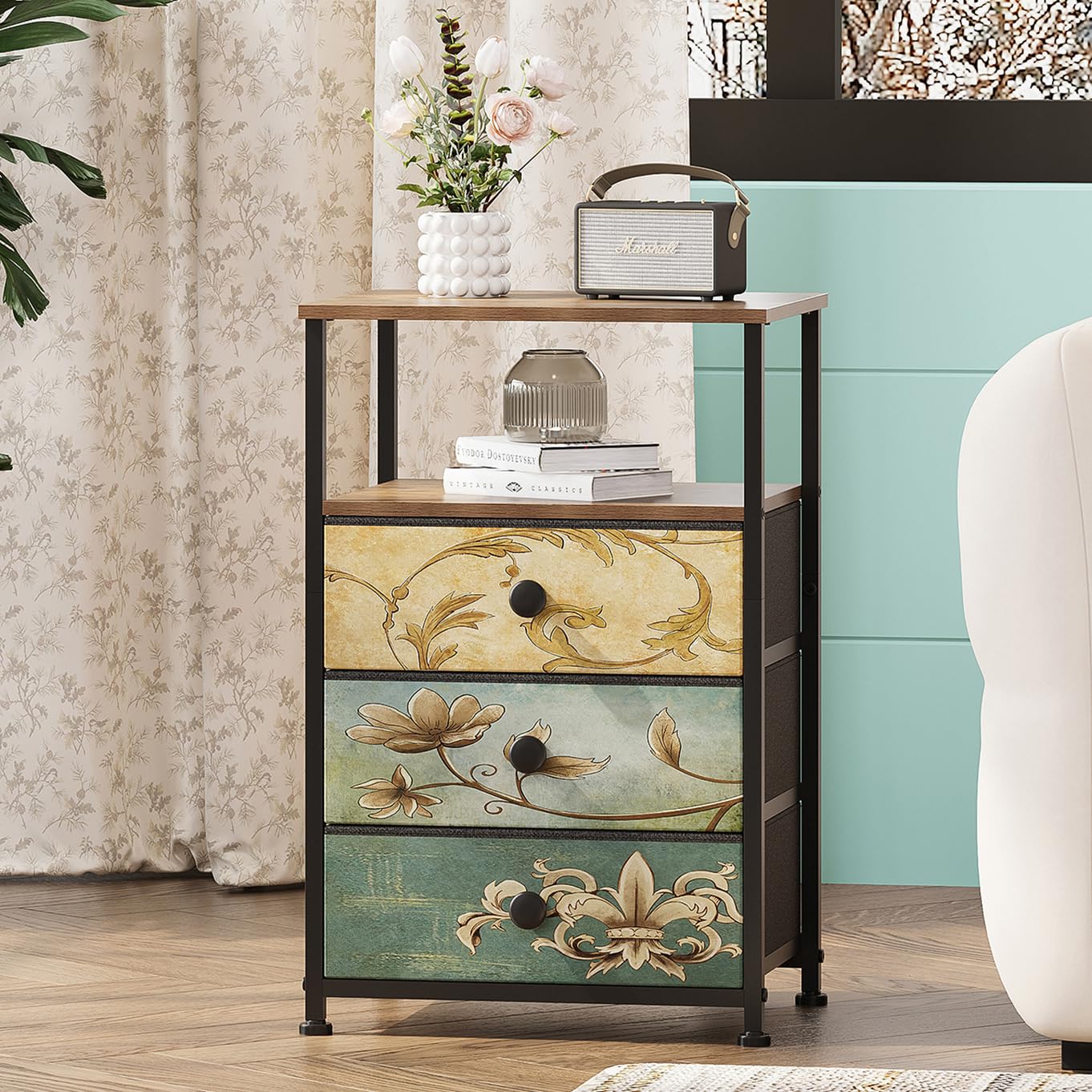Tohomeor Nightstand with 3 Fabric Drawers Retro End Table with Storage Shelf Vintage Side Table for Bedroom Living Room Sofa Beside Farmhouse