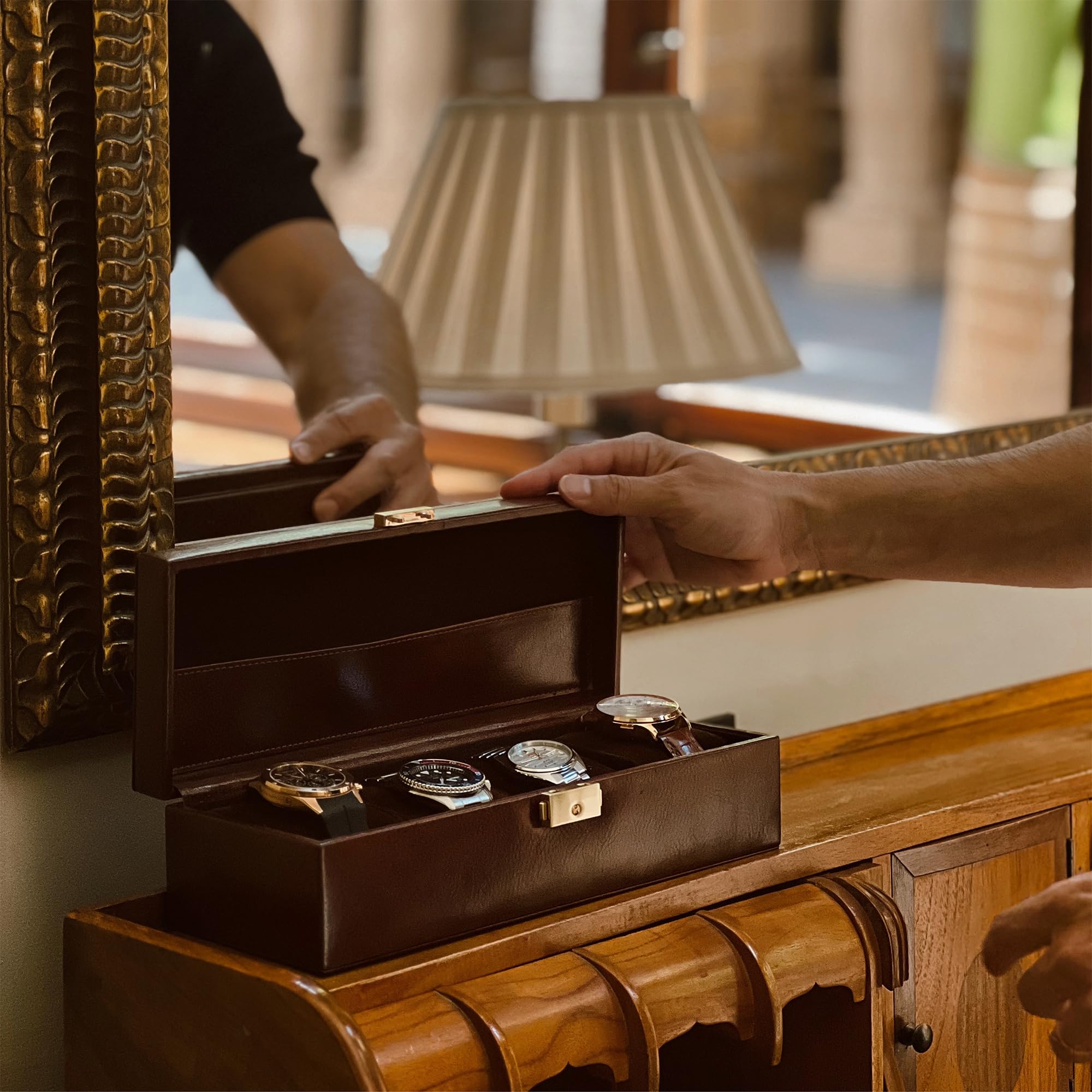 Time Resistance Leather Watch Box - 4-Slot Luxury Organizer for Men & Women, Watch Display Case (Brown)