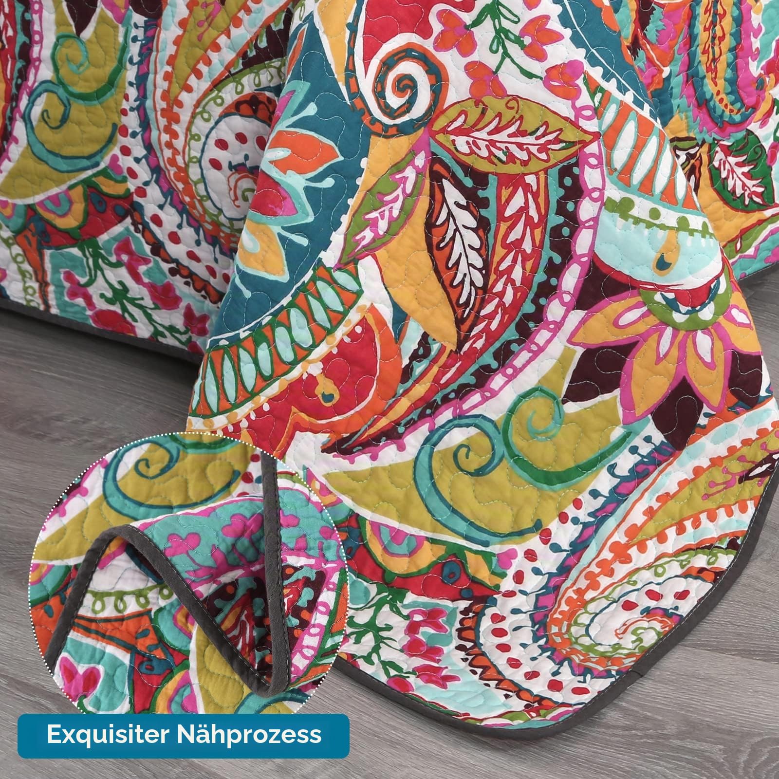 Qucover Tagesdecke 220x240cm Baumwolle Blumen Paisley Bettüberwurf 230x250cm Steppdecke mit 2 Kissenbezug Wendedecke Ganzjahresdecke für Doppelbett (Rot-grüne Blume, 230x250cm)