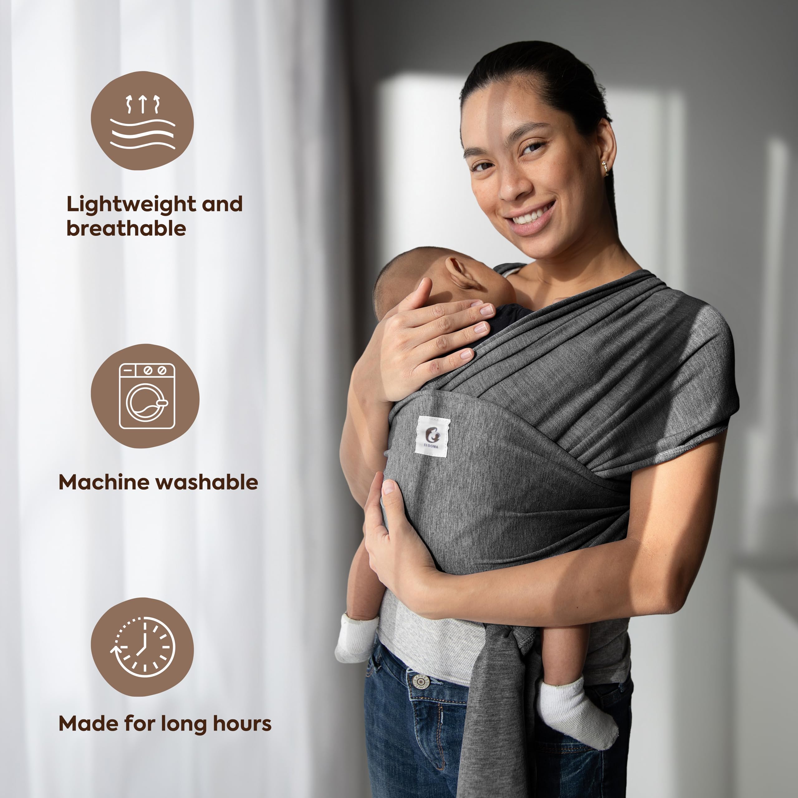 ELDOMA Dark Grey Baby Wrap Carrier - Lightweight, Breathable Baby Sling, Hands Free Baby Carrier Sling, Baby Carriers for Newborn, Infant — view 5
