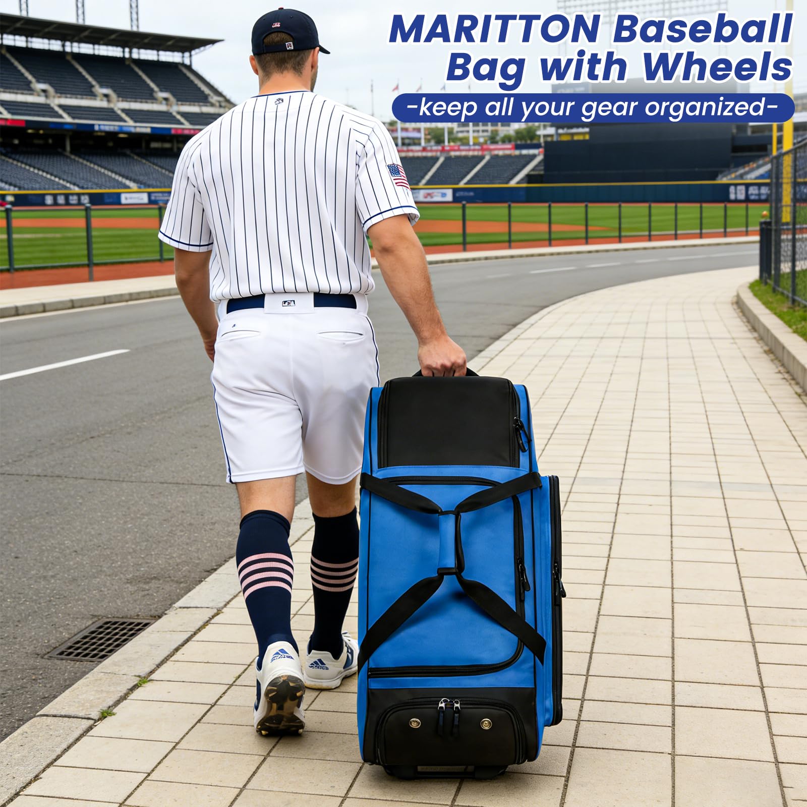 Rollende Baseballtasche mit Rollen, große Softballfänger, Ausrüstungstaschen für 4 Schläger mit separatem Schuhfach und Zaunhaken.
