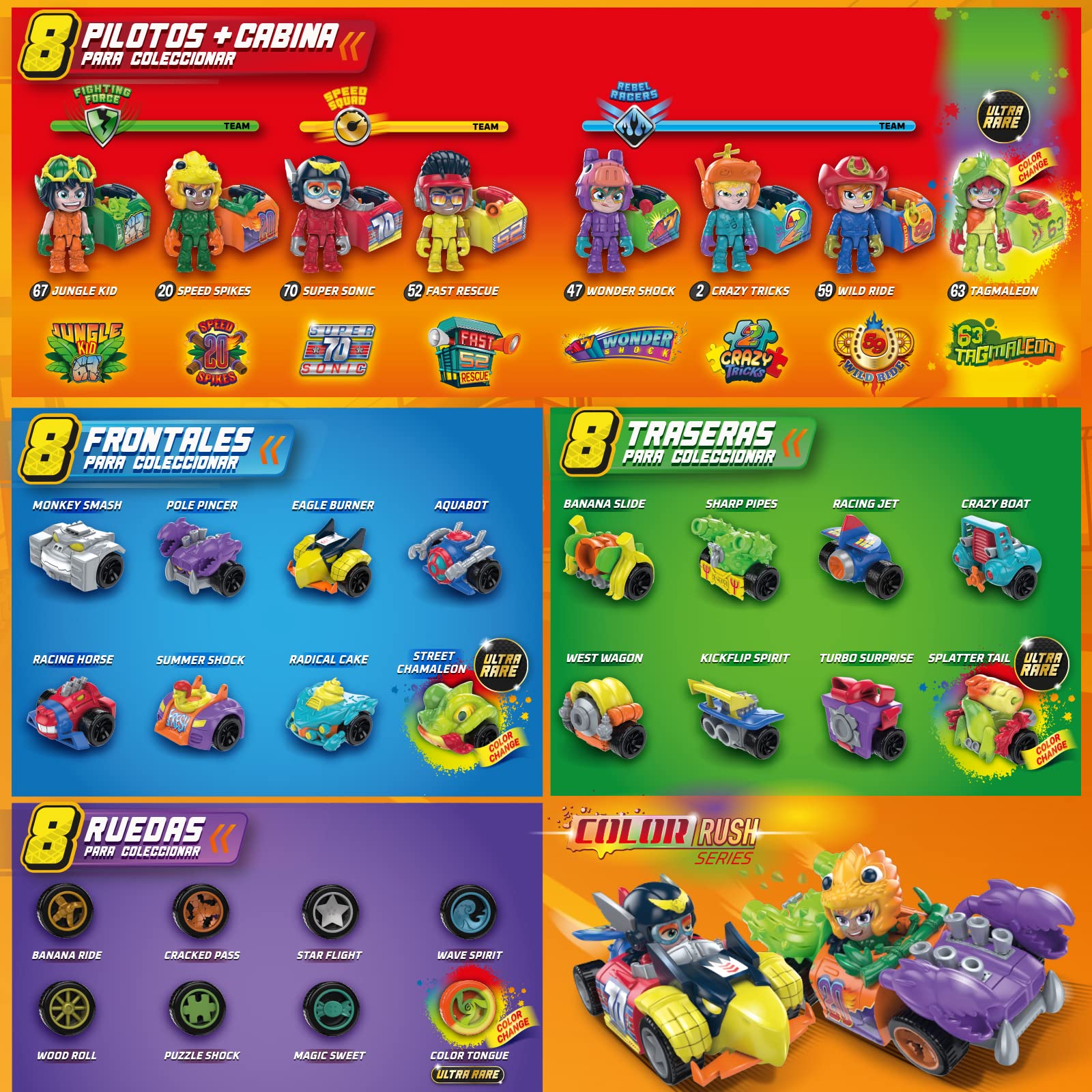 T-Racers Serie Color Rush – Colección Completa de la Serie Color Rush de T-Racers. Coches y Pilotos Sorpresa coleccionables. Coches Desmontables por Partes y con Piezas Intercambiables