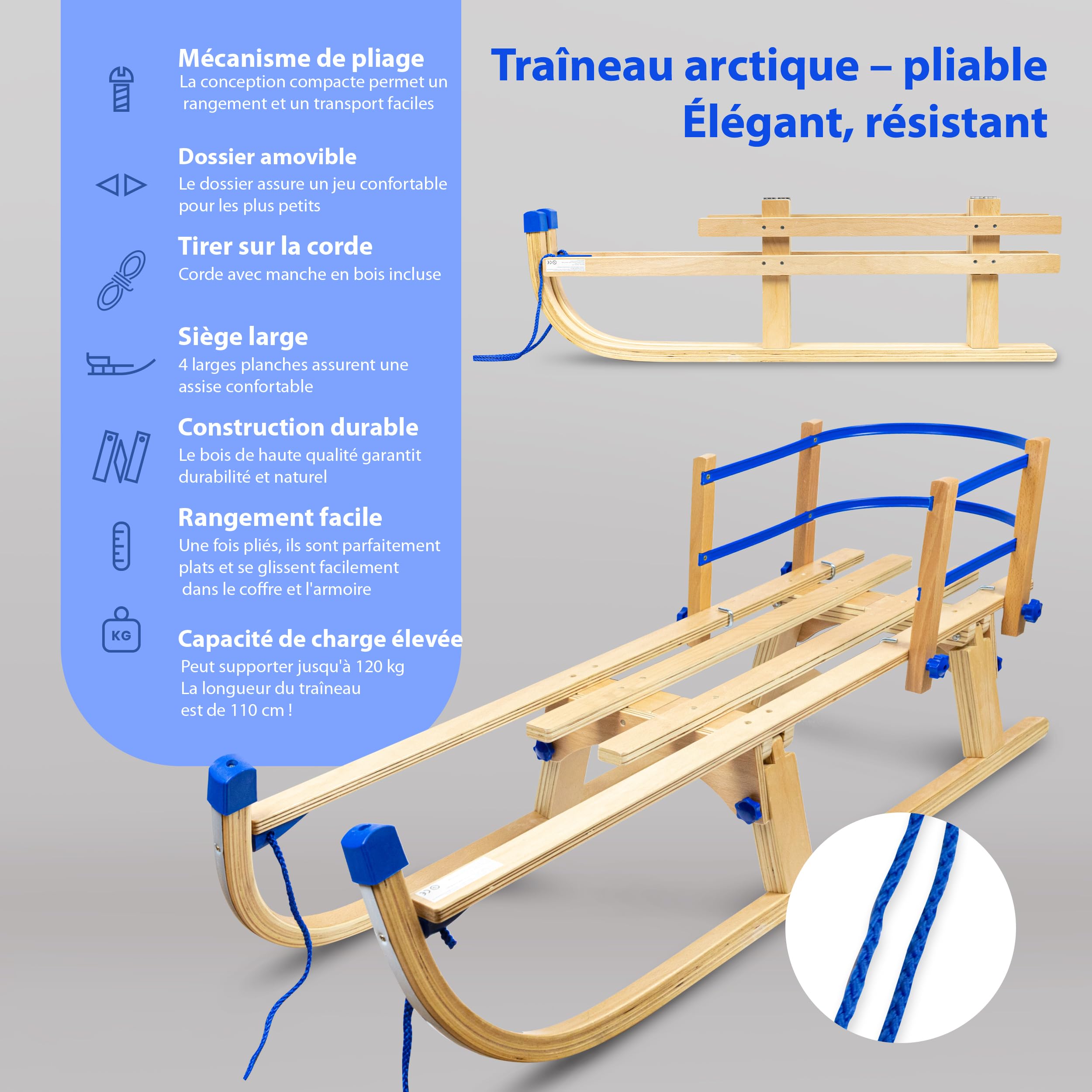 Gagadumi Arctis Luge pliable en bois avec dossier – Luge robuste et peu encombrante pour l'hiver, idéale pour s'amuser dans la neige et les aventures en plein air