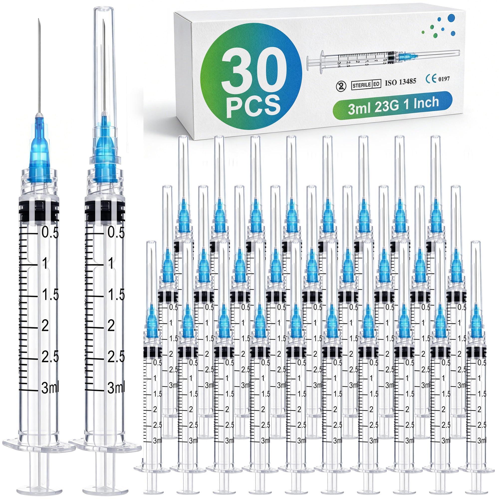 30-Pack 3ml Syringe with Needle - 23g 1 Inch 3 ml Needles and Syringes , Luer Lock 23 Gauge 3cc Disposable for Scientific Lab and Industrial , Sterile Individually Wrapped (3ml 23G 30Pack)