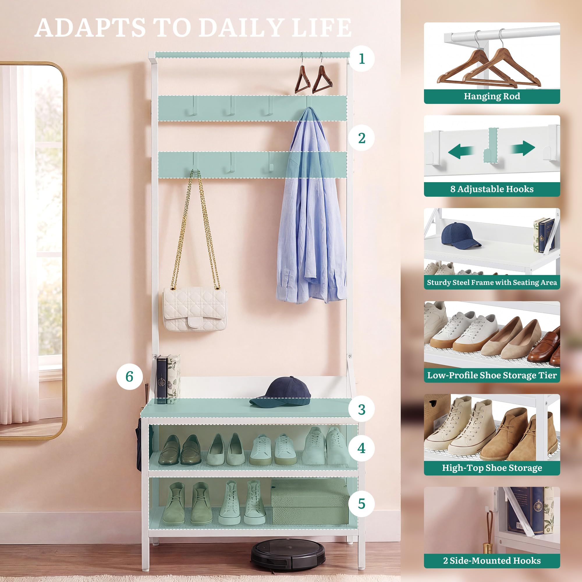 YITAHOME Coat Rack Stand with Shoe Storage, Freestanding Hallway Unit with 2 Shelves - Image 4