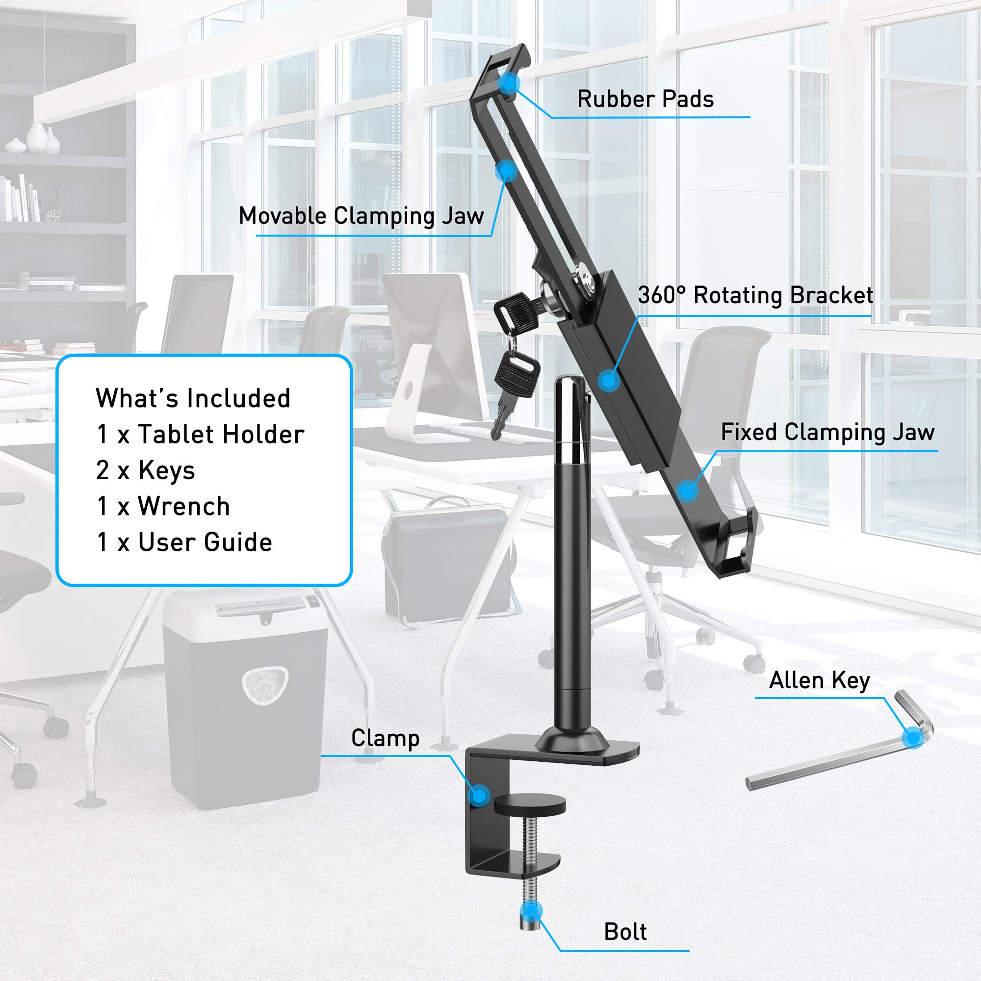 AboveTEK Supporto di Blocco Antifurto per Tablet - Girevole a 360/320 POS - Blocco del Supporto di Sicurezza per Tablet, Supporto a Morsetto da Tavolo per iPad Galaxy Tab Google da 7 a 11" (Nero)