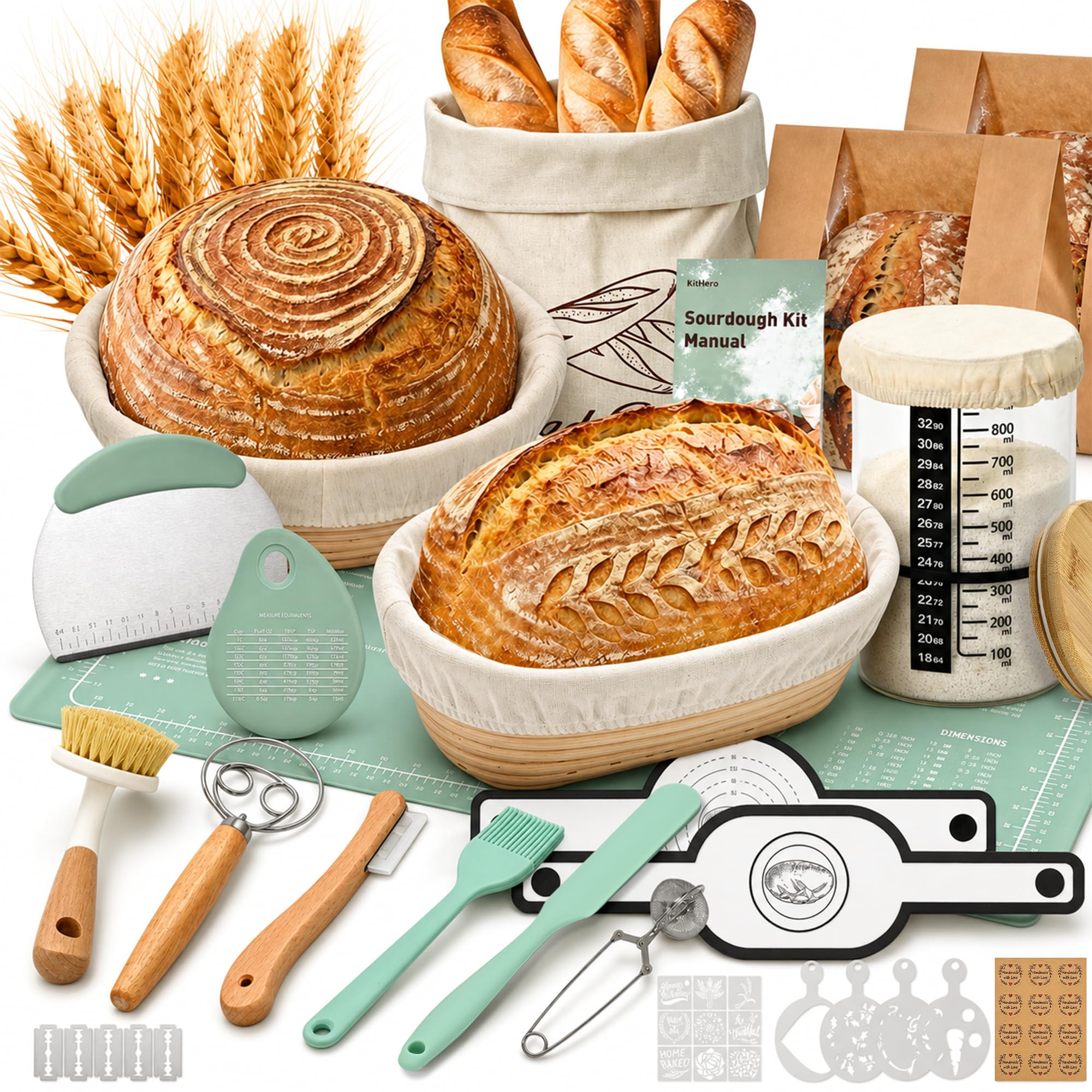 Sauerteig-Starter-Set – Komplettes Brotback-Set mit rundem und ovalem Banneton-Gärkorb, Sauerteigglas, Brotschleifen, Silikonmatte und Teigschabern – Backzubehör als Geschenk für Hobbybäcker