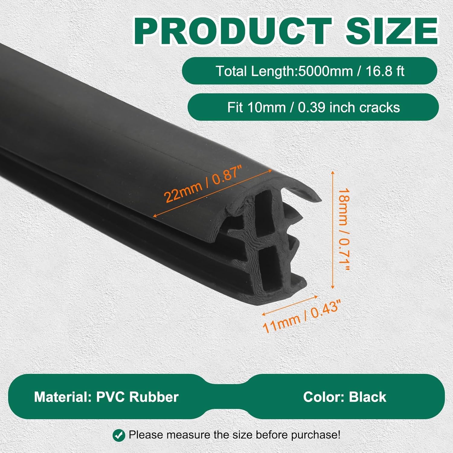 Flexible PVC Rubber Strip (16.4ft Long, 7/16"(11mm) Wide) - Weather/Aging Resistant Concrete Expansion Joint Filler for Driveway/Sidewalks/Concrete Crack Repair/Replacement, Black