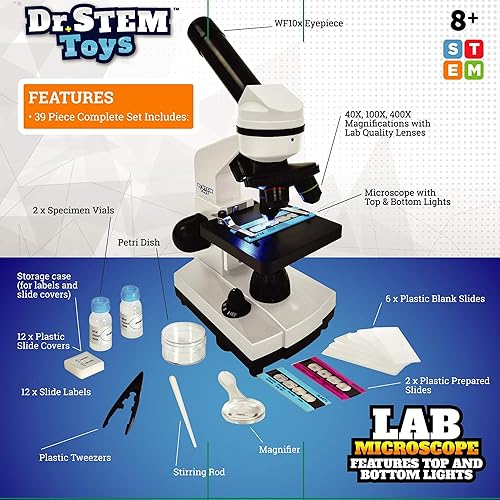 Miniatura 2 de Dr. STEM Toys Kit de microscopio de 39 piezas para niños con luces superior e inferior, diapositivas de muestra, lentes ajustables 40X, 100X y 400X,