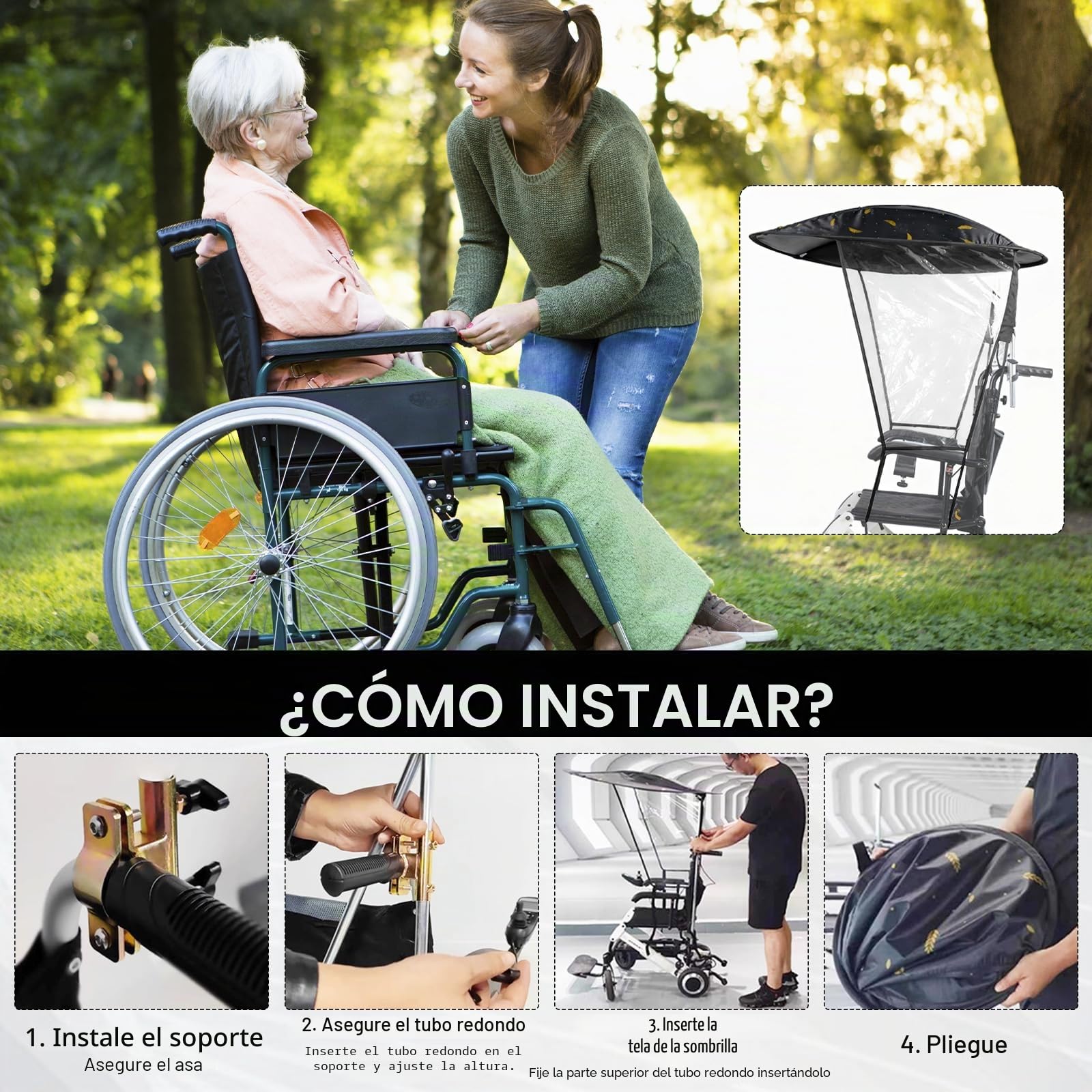 Toldo para Silla de Ruedas Eléctrica, Ajustable Protección Solar y Lluvia, Resistente al Viento, Impermeable, Antirayos UV, Fácil Instalación Compatible con Sillas Manuales y Eléctricas