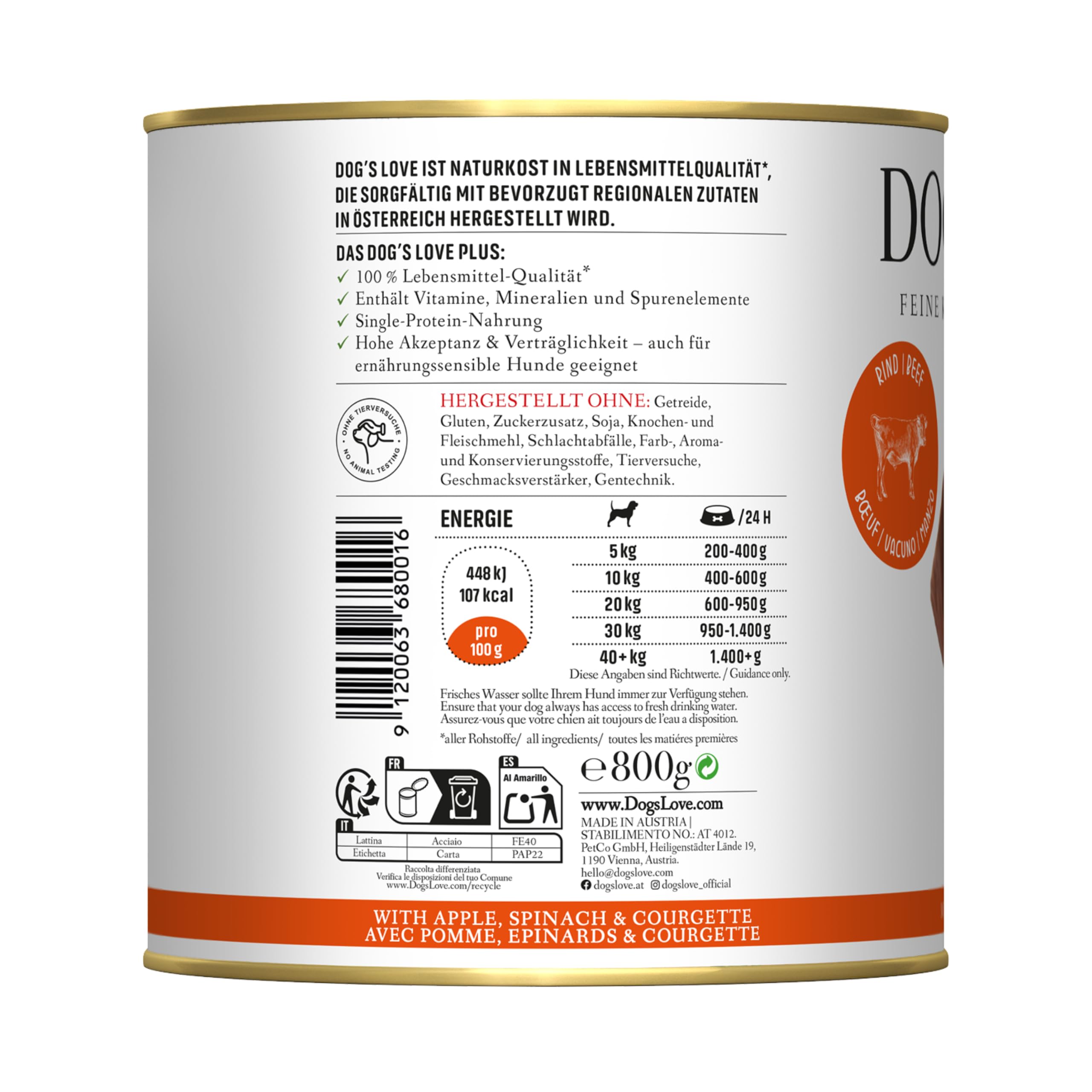 DOG'S LOVE Hunde-Nassfutter Rind 12 x 800g | ohne Getreide & Zucker